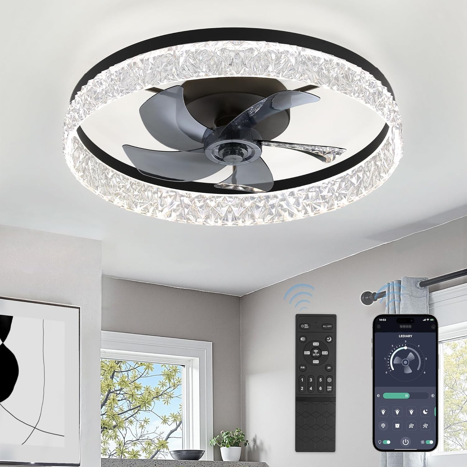 LEDIARY 22" Modern Ceiling Fans with Lights and Remote, Dimmable Low Profile Ceiling Fan, Flush Mount Ceiling Fan, Stepless Color Temperature Change and 6 Speeds - Black