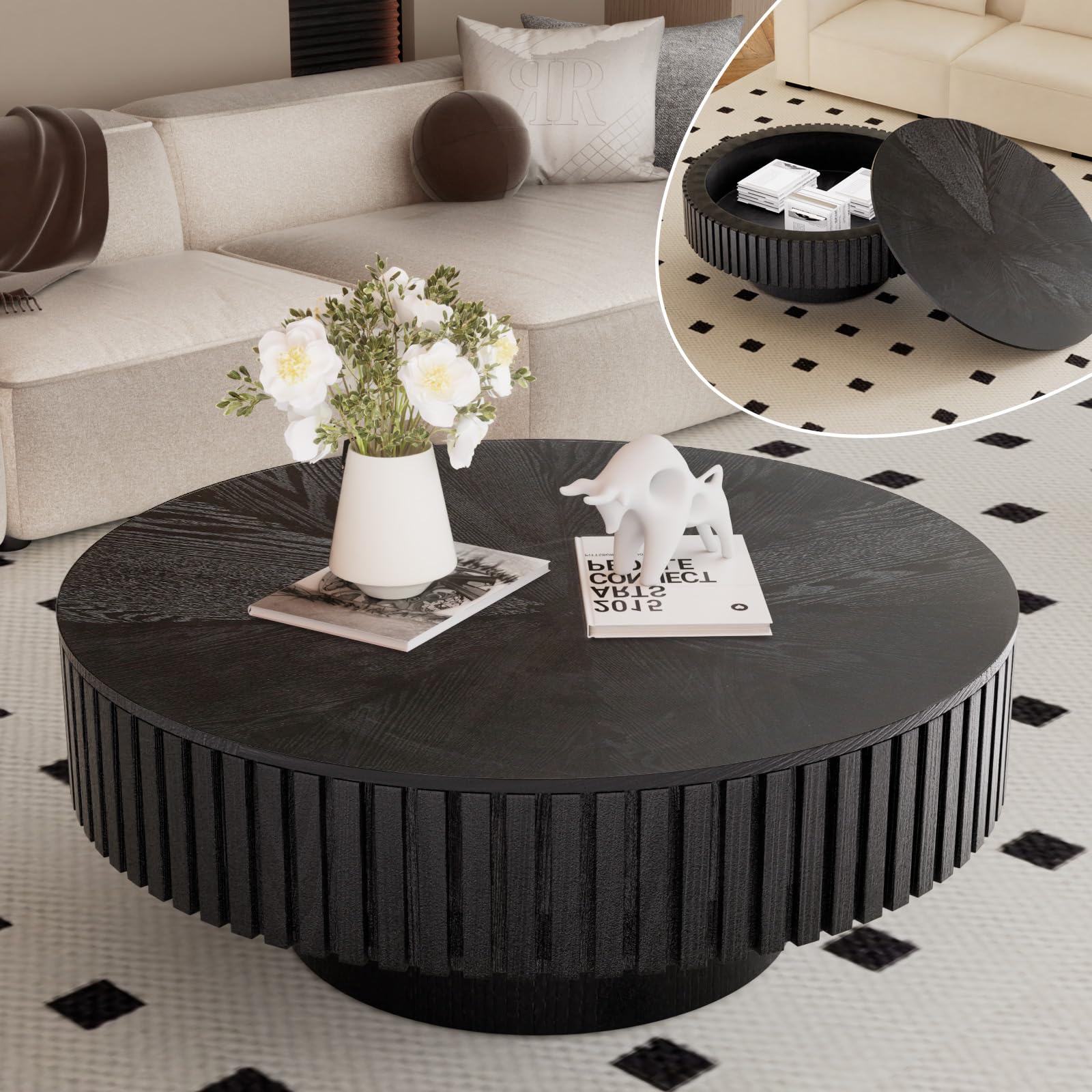 – Round Fluted Coffee Table with Storage 80CM Wood Drum Coffee Table Modern Luxury Circle Drum Center Tables with Solid Wood Veneered, Accent Side Table for Living Room, Apartment (Round Black)