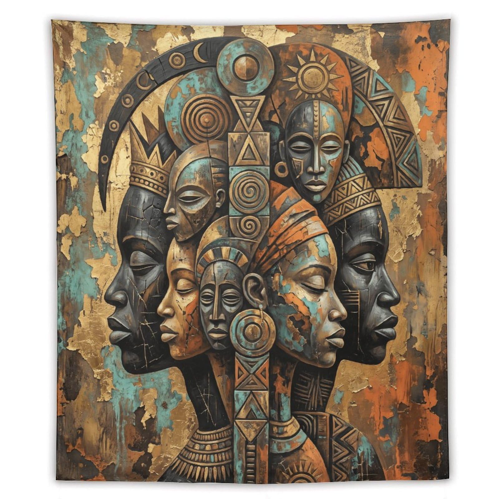W7C8U2X3 Geometric African Faces Wall Tapestry, Mask Composition