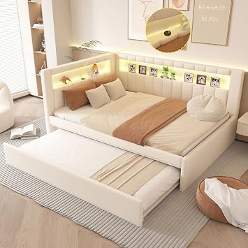 Upholstered Full Size Daybed with LED and Trundle, USB Ports,L-Shaped Corner Day Bed with Storage Shelves Headboard,Sleeper Sofa Couch for Girls Adults Kids Boys, White