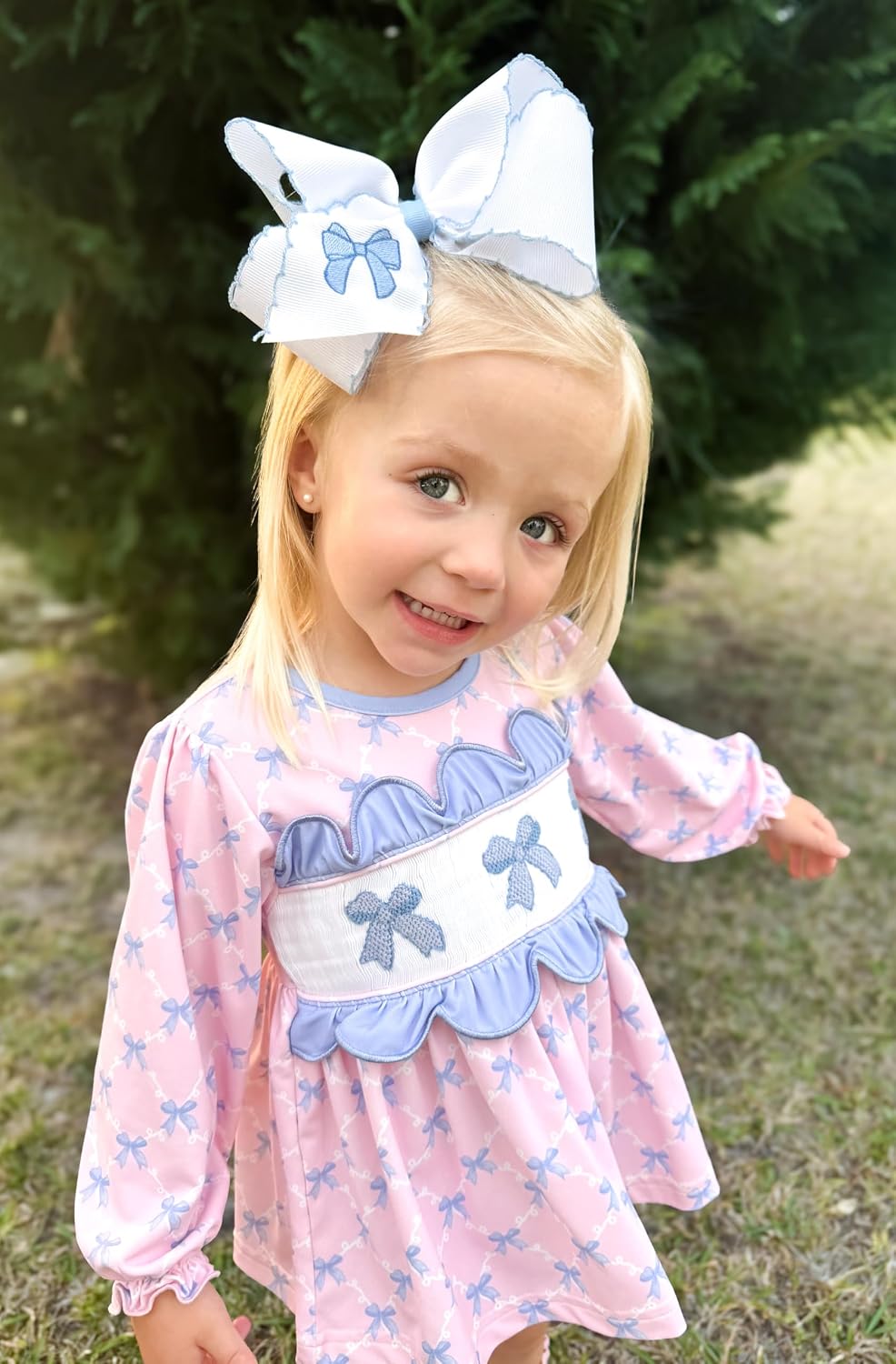 Wee Ones Girls' Western Cowgirl Embroidery Grosgrain Hair Bow with Moonstitch Edge, Millenium Blue, King