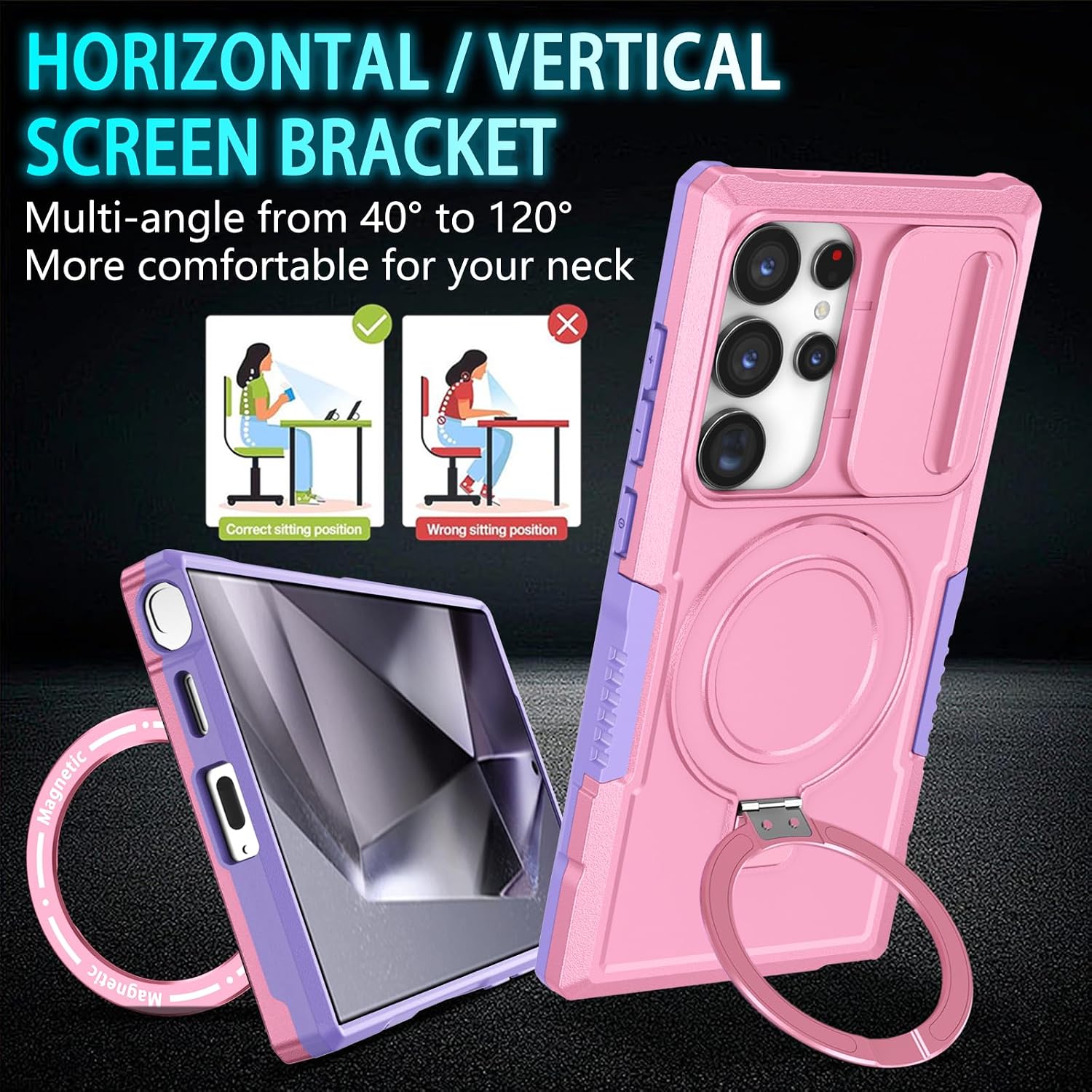 Magnetic Case for Samsung Galaxy S24 Ultra, with Ring Stand [Screen Protector] [Compatible with MagSafe] Military Grade Shockproof Case with Camera Cover, Protective Cover for Samsung S24 Ultra, Pink
