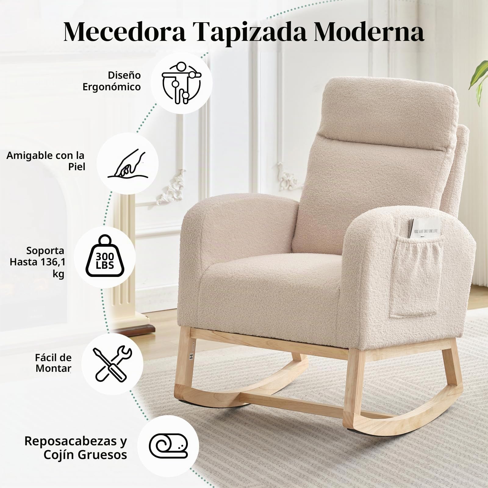 Zstar Mecedora, Sillón Tapizado con Bolsillo Lateral, Silla De Guardería con Respaldo Alto y Patas De Madera De Caucho, Sillón Mecedor Decorativo para Sala De Estar, Dormitorio y Guardería.