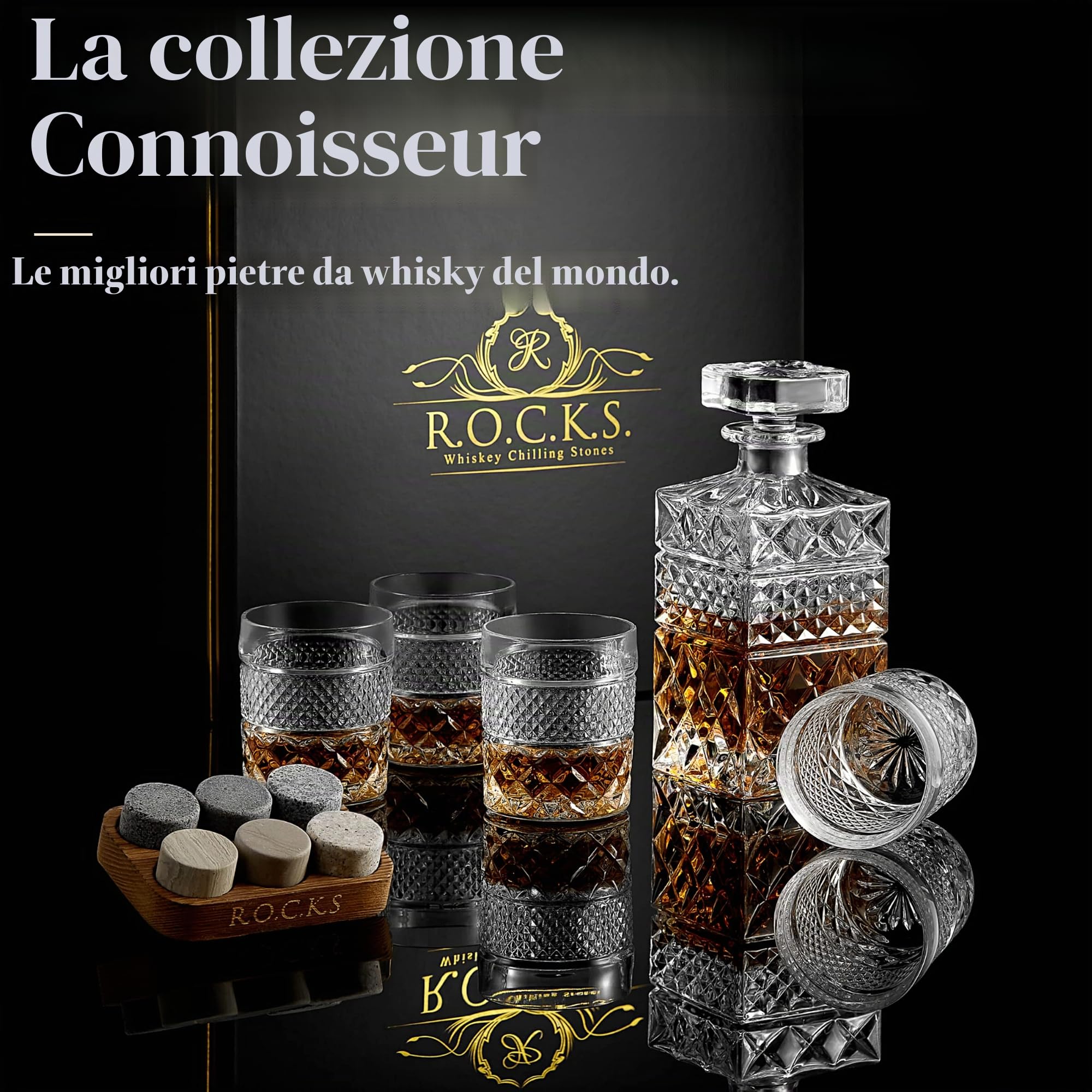 ROCKS Set regalo Decanter Whisky con 4 Bicchieri Whisky e Whisky Stones Artigianali in Granito - Decanter in Vetro per Degustazione Liquori, Scotch, Bourbon – Set Whisky con Lamina d’Oro