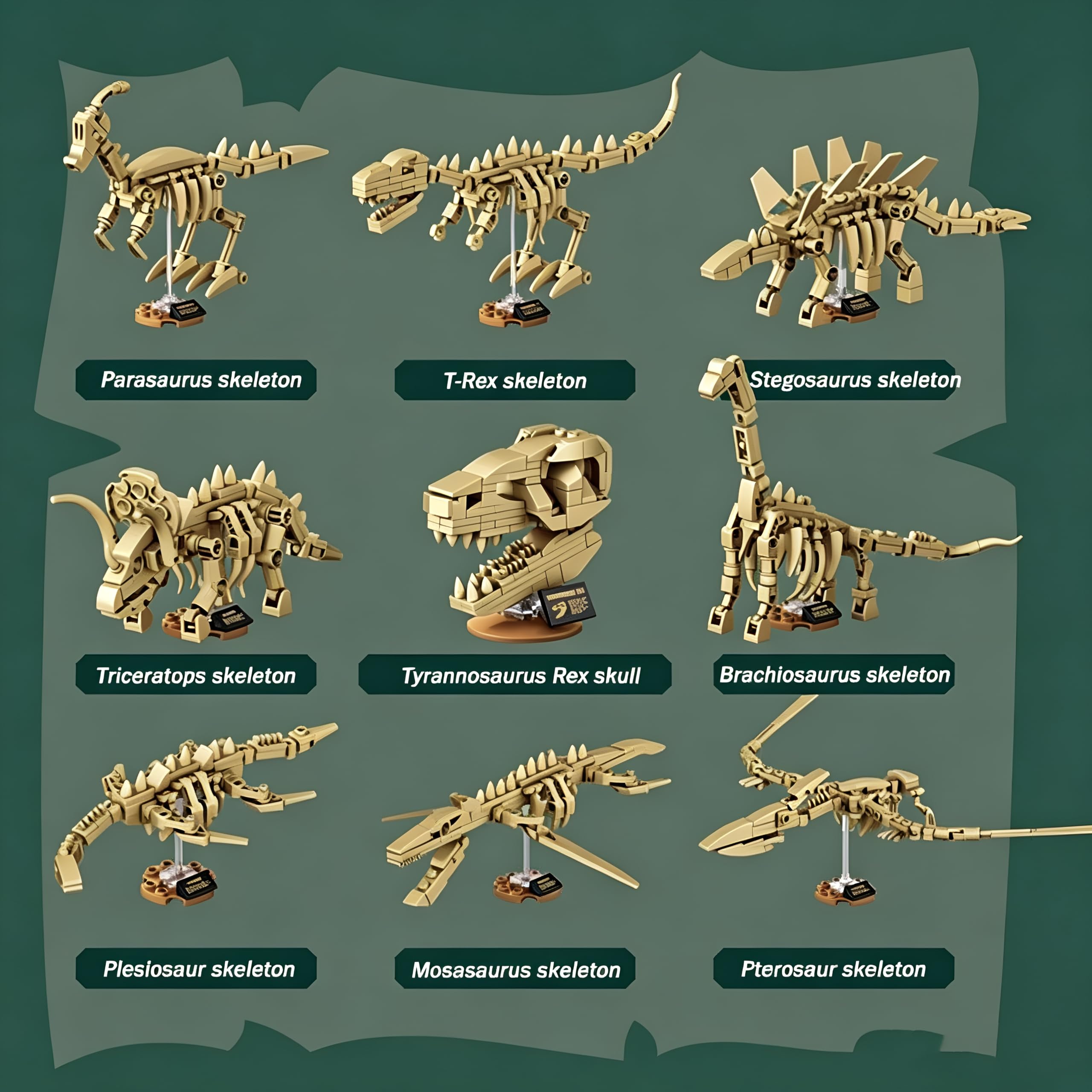 9 Dinosaurier-Skelett-Bausteinset, leuchtender Dino-Fossil Modell | Stegosaurus Tyrannosaurus Rex-klemmbausteine, Wohndekor, kreatives Geschenk für Männer Frauen
