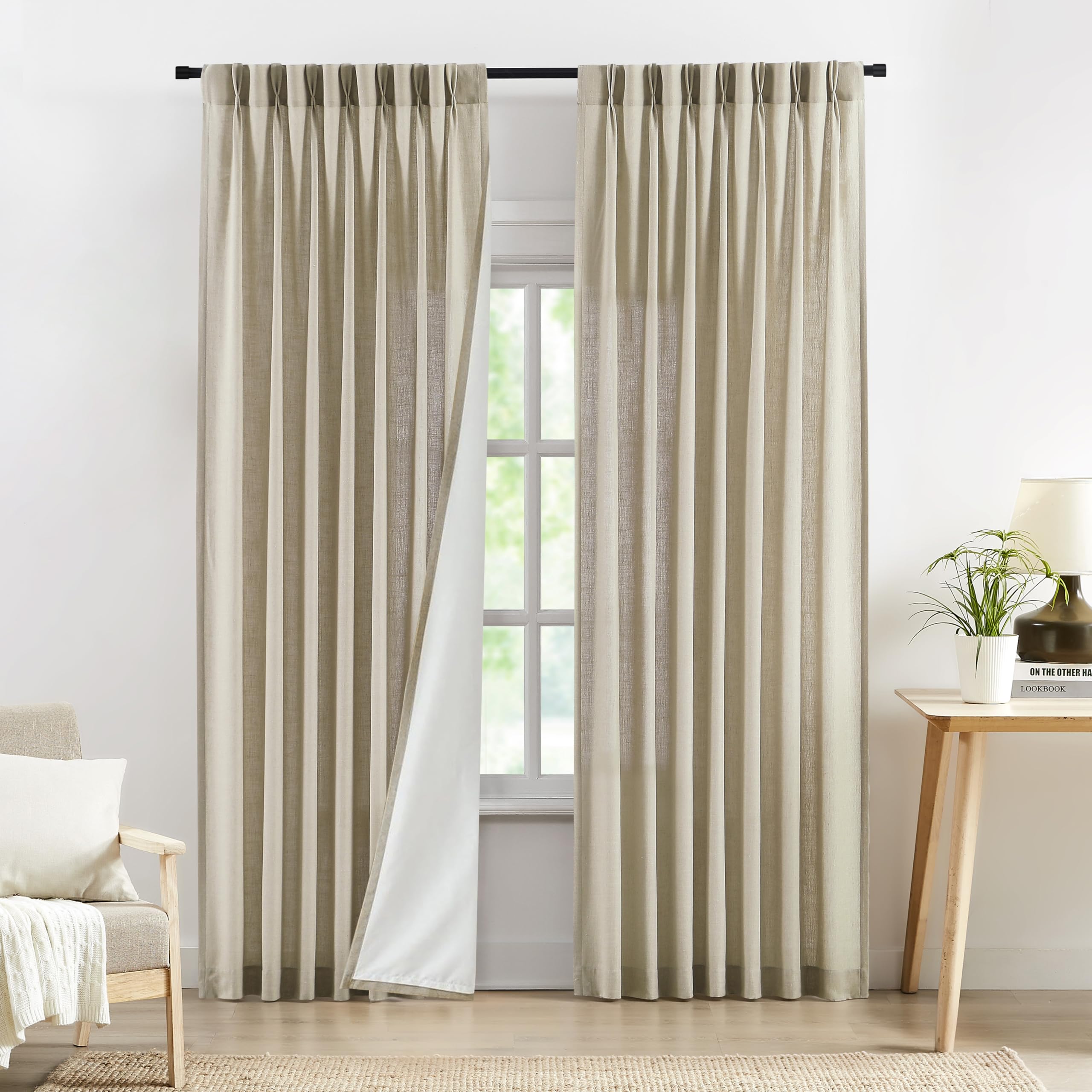 Photo 1 of Central Park Sand Pinch Pleated Light Filtering Curtain Panel 90 Inches Linen Blended with Microfiber Liner Rustic Textured Window Drapes for Living Room Bedroom with Back Tabs Hooks, 40" L x90 W x2