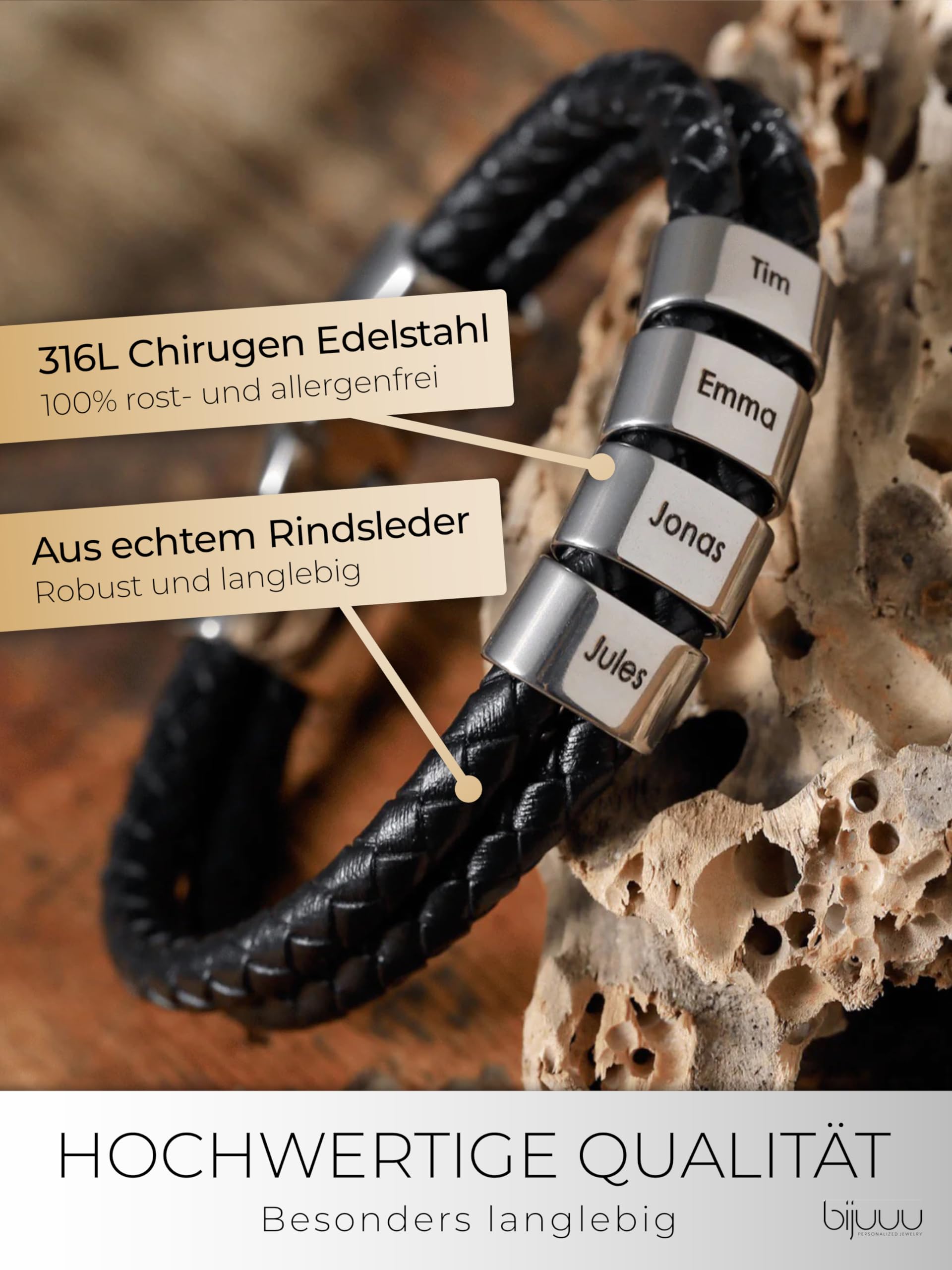 bijuuu Lederarmband Herren – Echtleder Armband mit Namen – Flechtarmband aus Leder inklusive Gravur – Namensarmband personalisiert – Geschenke für Männer – Edelstahl – Silver Beads