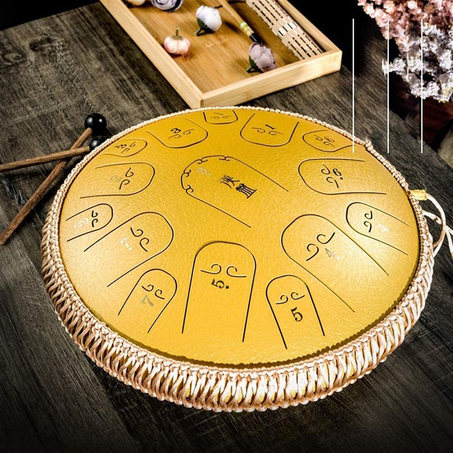 Percussion Instrument Drum for Home Decor 15 Notes 14 Inch Hand Drum Mini Tank Easy to Learn with Drumsticks for Camping Meditation Yoga Made in USA