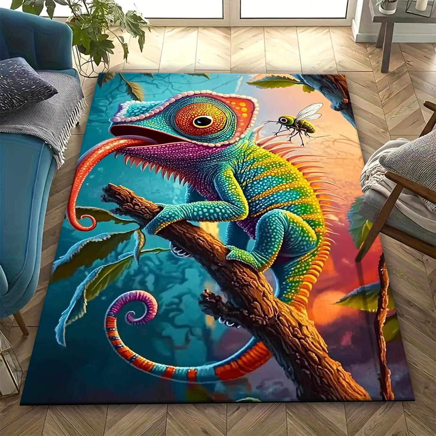 Tapis de salon 3D caméléon sous canapé pour moderniser un salon ou une grande chambre