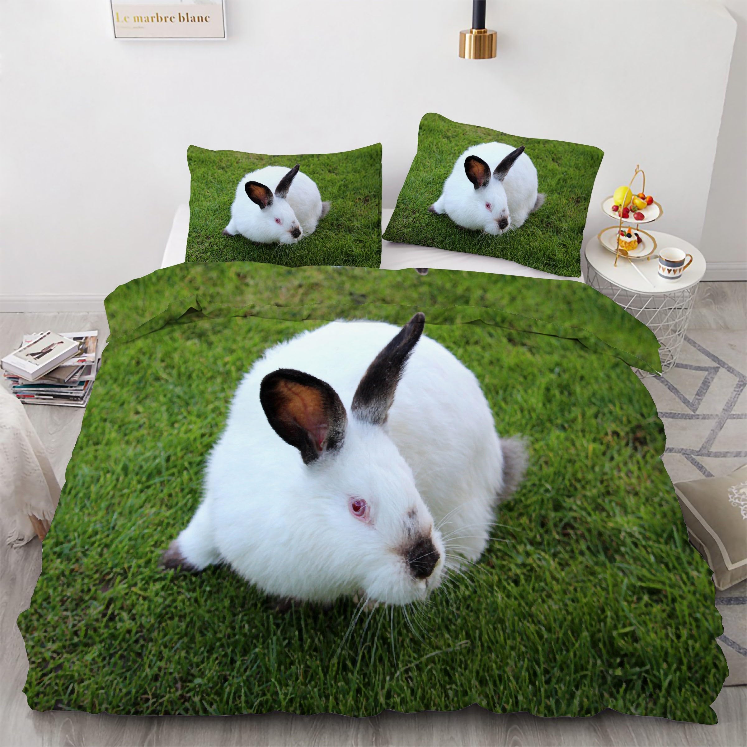 Housse de couette 240 x 260 lapin blanc en microfibre douce avec 2 taies d'oreiller