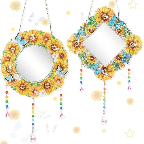 Espejo de maquillaje de diamante de girasol, 2 piezas, con forma especial de cristal, atrapasoles para principiantes, manualidades, regalos,