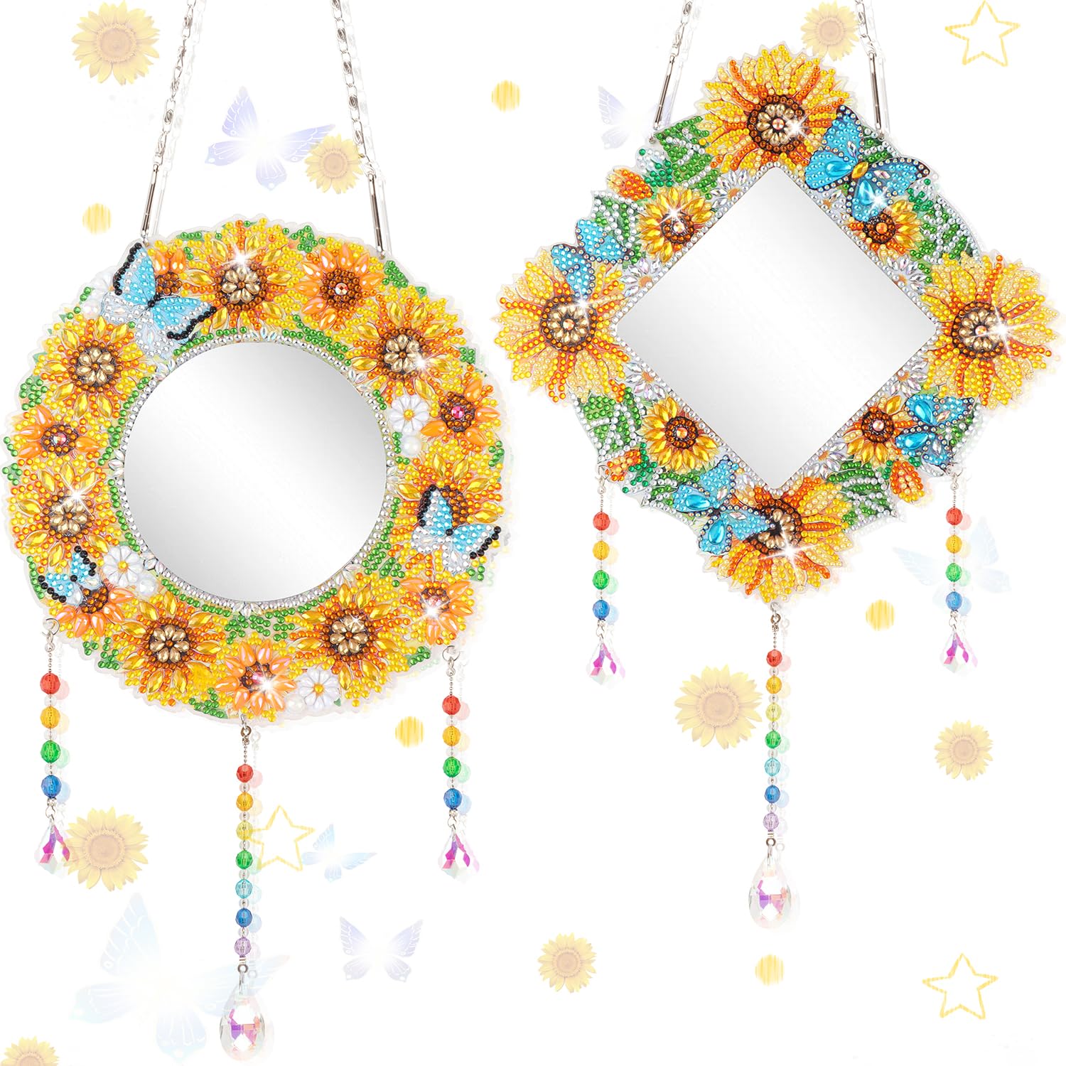 2Pcs Diamond Painting Mirror,Sunflower Diamond Painting Makeup Mirror for Adults Kids,Special Shaped Crystal DIY Diamond Painting Suncatcher for Beginner Arts Crafts Gifts Home Decor
