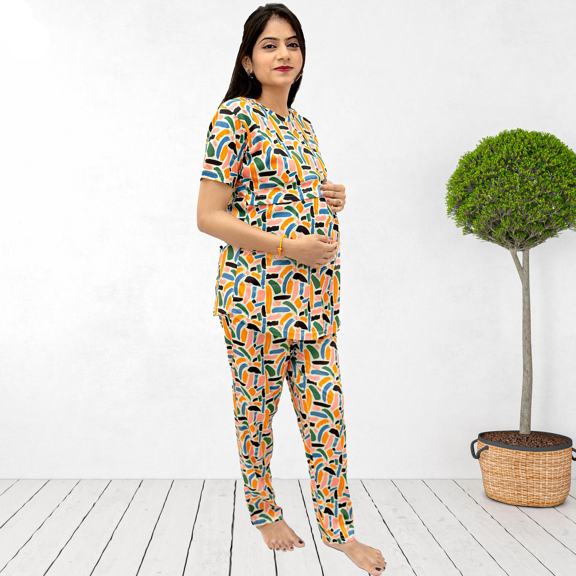 The Starmom Women's Zipless Cotton Blend Printed Maternity & Feeding Night Suit Set of Top & Pajama Set | Pre & Post Pregnancy Nursing Night Dress Peach - Image 4 thumbnail