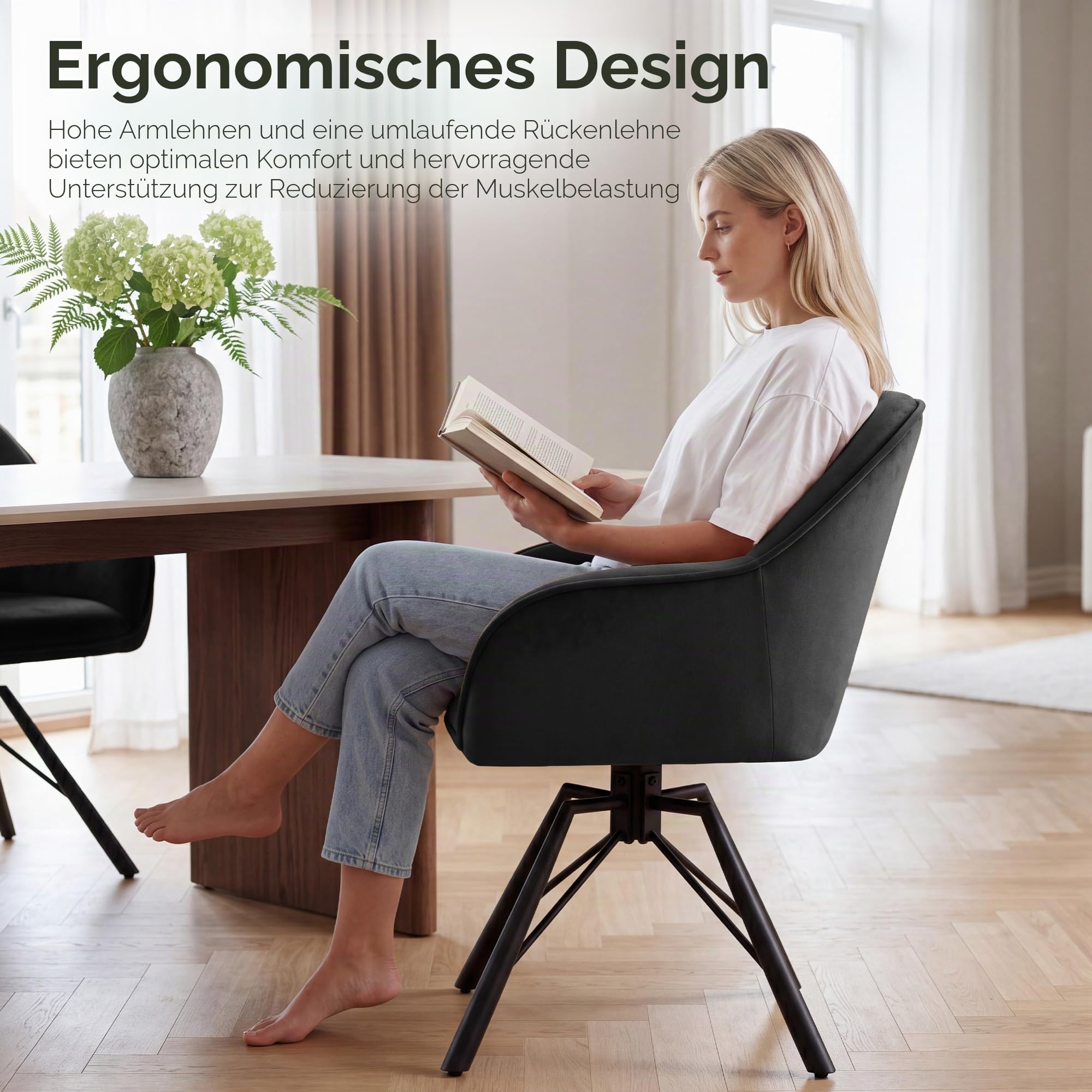 ELUCHANG Esszimmerstühle 2er Set, 360°Drehbar, Mehrschichtiger Dicker Schaumstoff Stuhl mit Hohen Armlehnen, Schwarz Samt, Gekreuztes Metallgestell bis 150KG, für Schlafzimmer Küche Wohnzimmer