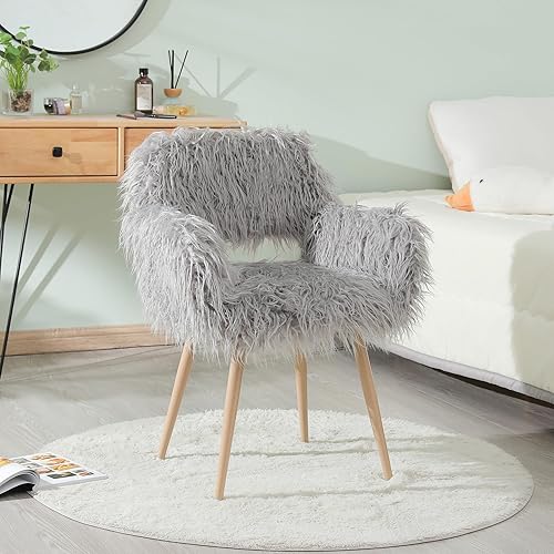 Miniatura 2 de SSLine Silla de tocador de piel sintética, elegante silla de escritorio de maquillaje de pelo blanco para niñas y mujeres, moderna y cómoda silla