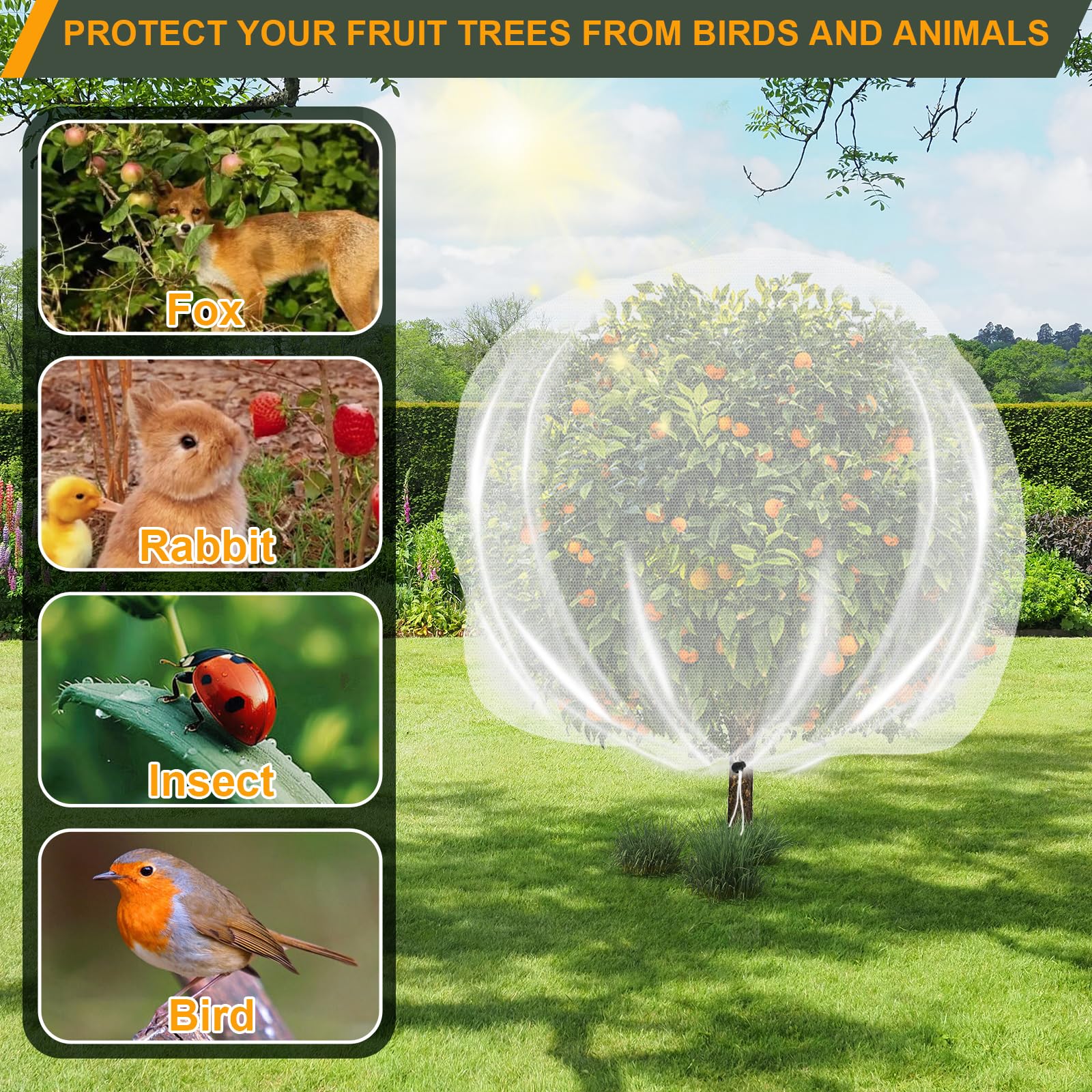 2 bolsas grandes de red para árboles frutales de 8 x 8 pies, cubierta de red para árbol con cremallera y cordón, red de malla para plantas, arándanos, arbustos, pájaros, protección de jardín,