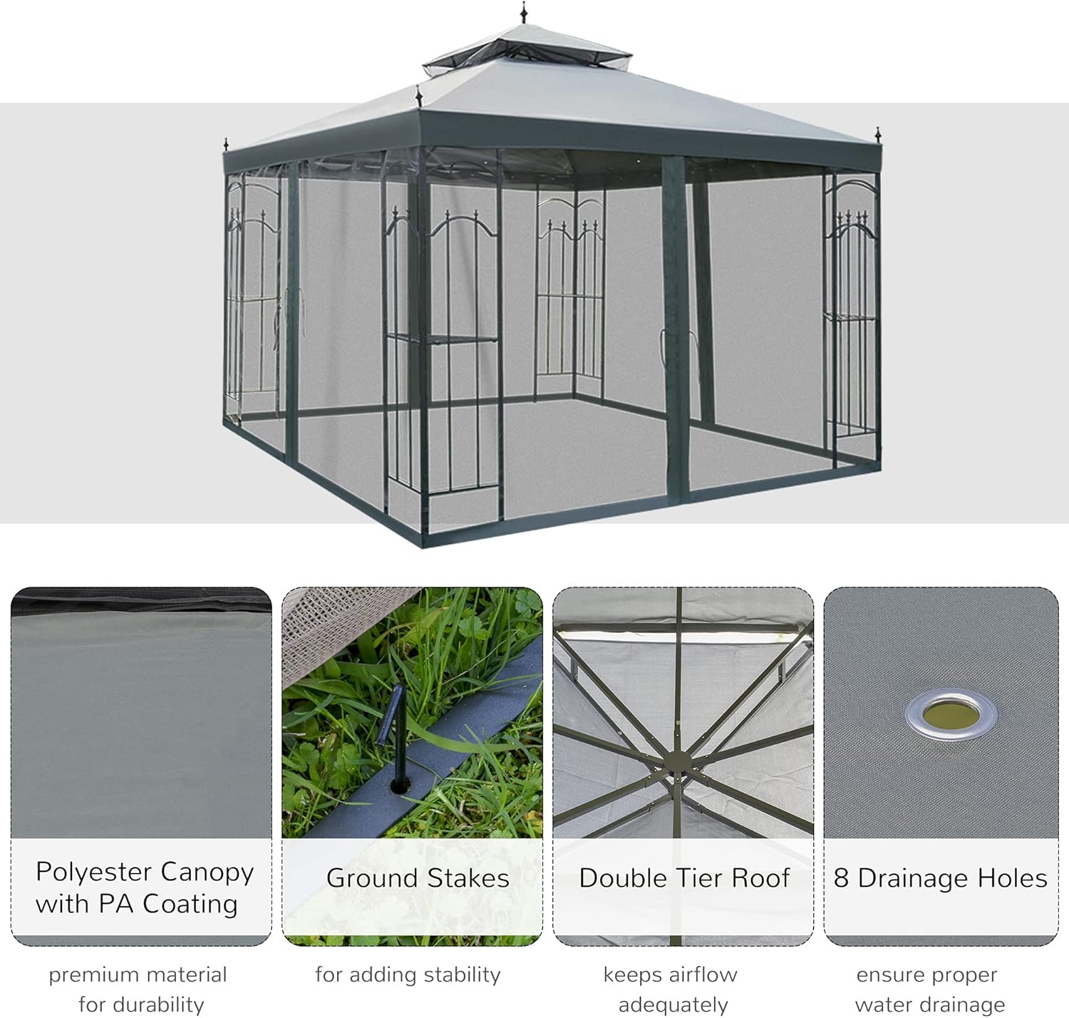 Close-up details of the gazebo features including polyester canopy, ground stakes, double-tier roof, and drainage holes.