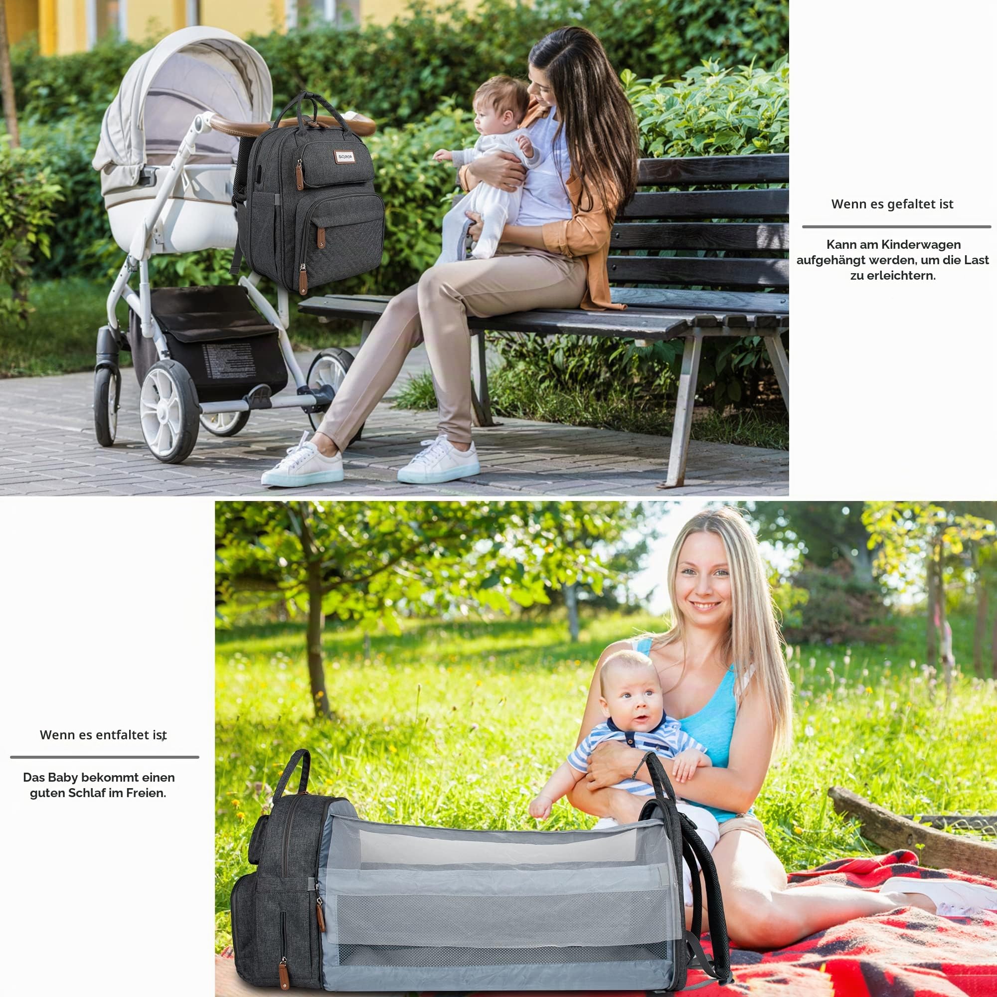 SNDMOR Wickeltasche Rucksack, Baby Wickeltasche mit Wickelstation, Große Unisex Babytasche mit Wickelunterlage, Großes Fassungsvermögen, Wasserdicht und Stylisch (Dunkelgrau)