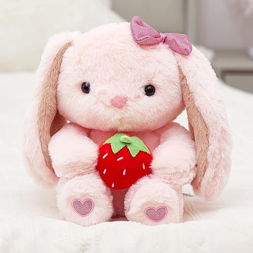 Miniatura 4 de Conejo de fresa de peluche de conejo rosa con orejas flexibles de fresa suave regalo para niños y niñas (10 pulgadas)