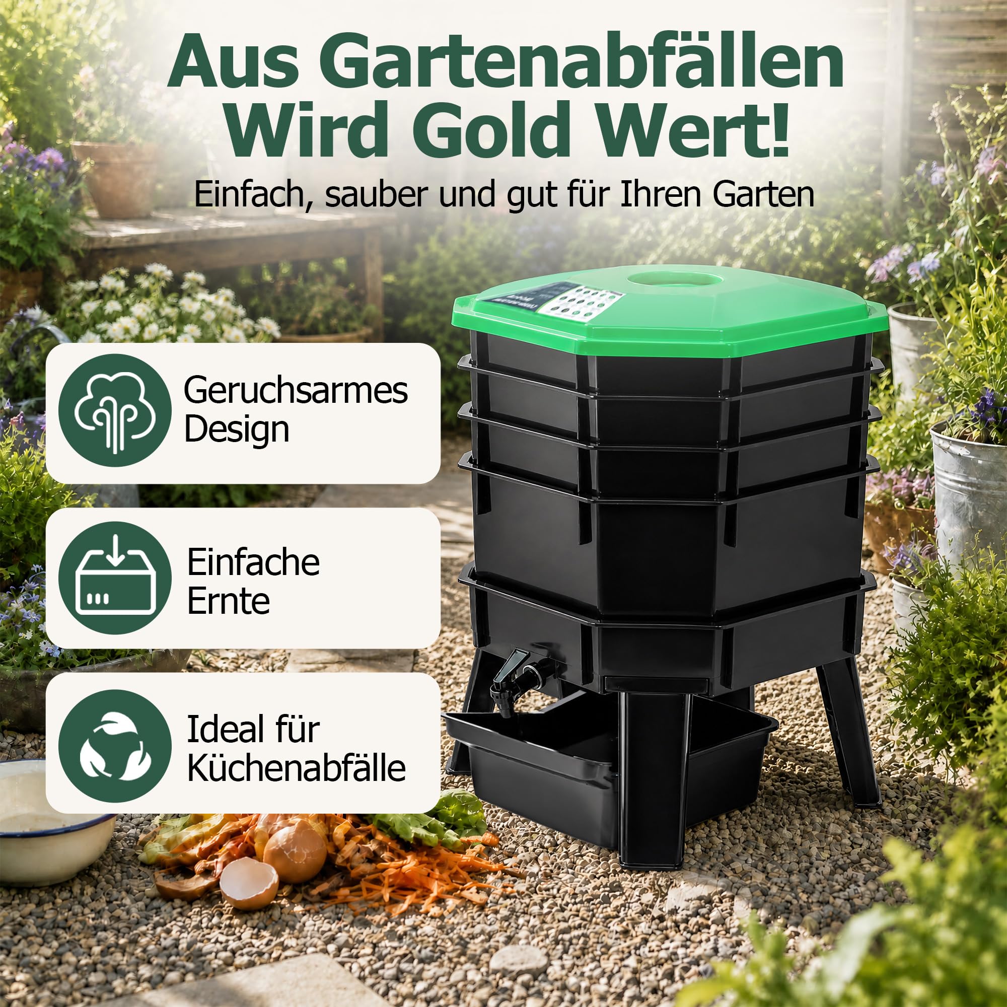 60L Wurmkiste 5 Etagen Wurmkomposter Wurmvase Hochbeet Kompostwürmer
