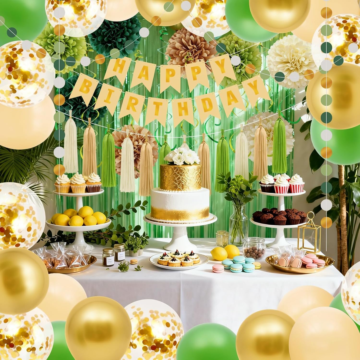 Décorations de fête d'anniversaire vert sauge, bannière « Happy Birthday », ballons confettis bohèmes imperméables de qualité, rideaux à suspendre, tourbillons faciles à assembler, ballons verts