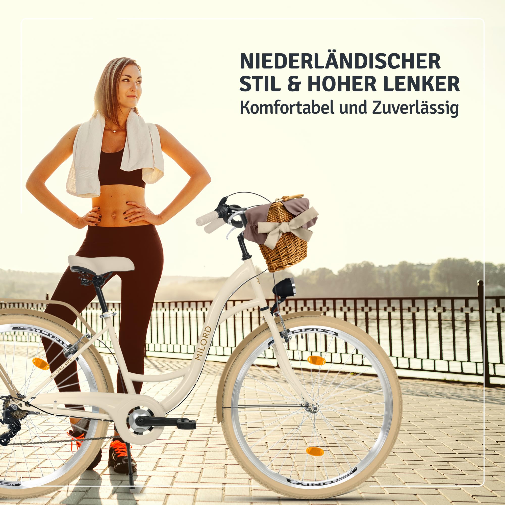 Generic Komfort Fahrrad Citybike Mit Weidenkorb Damenfahrrad Hollandrad, 28 Zoll, Creme-Braun, 7-Gang