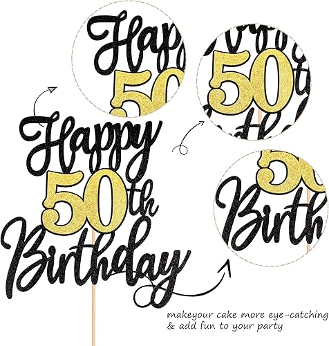 Miniatura 3 de 1 pieza de decoración de pastel de feliz cumpleaños 50 años negro dorado con purpurina para 50 años de cumpleaños, 50 años, decoración de pasteles