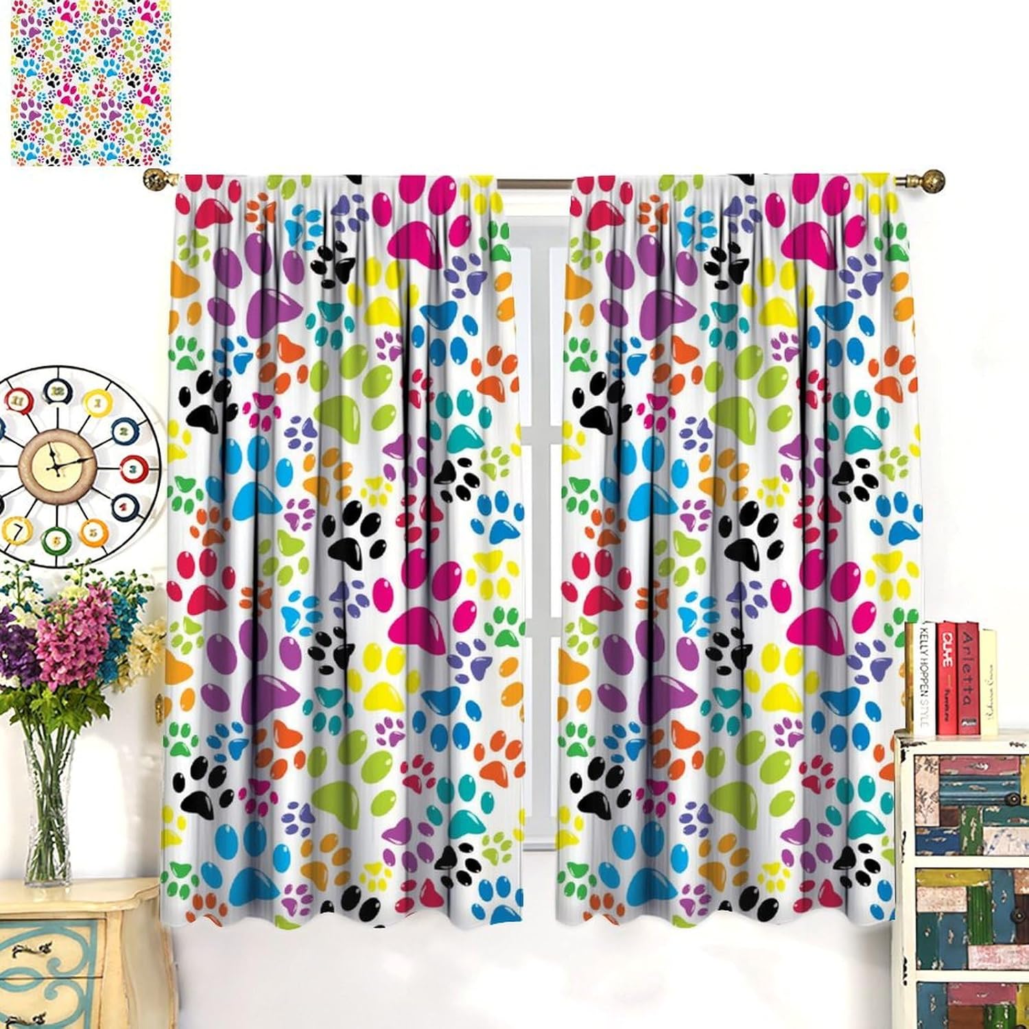 Dog Pattern Curtains, Cute Colorful Dogs Paws Lovely Print Blackout Window Treatments, Rod Pocket Thermal Insulated Drapes 2 Panel Sets for Kids Bedroom Living Room, 42" W X 63" L
