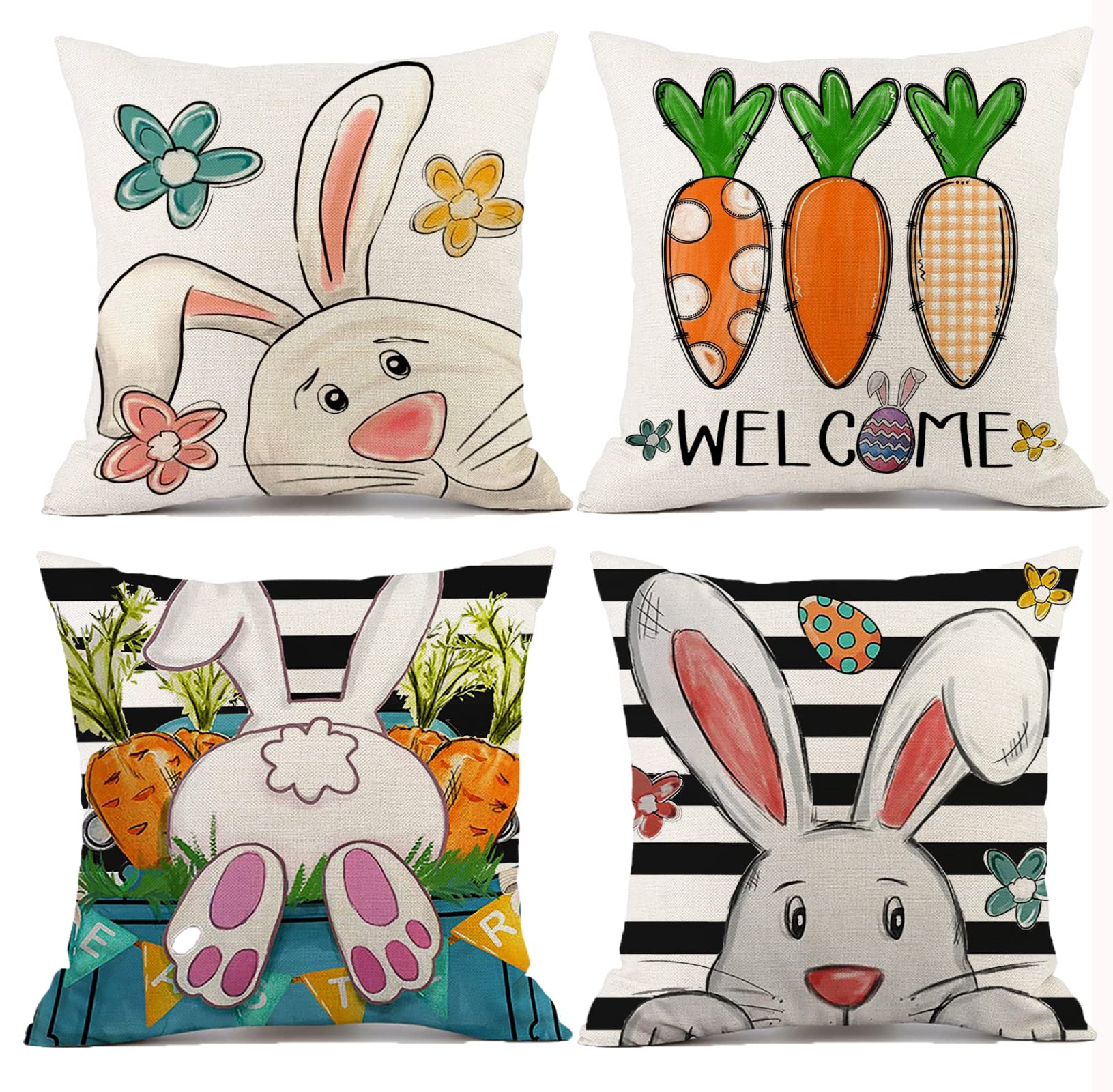 Pillow Cases, Throw Pillow Cover, Decorative Pack of 4 Cute Cushion Covers, Linen Square Throw Pillow Covers for Living Room Bedroom Sofa Couch Bed Chair Pillowcases (17.7 x 17.7Inch)