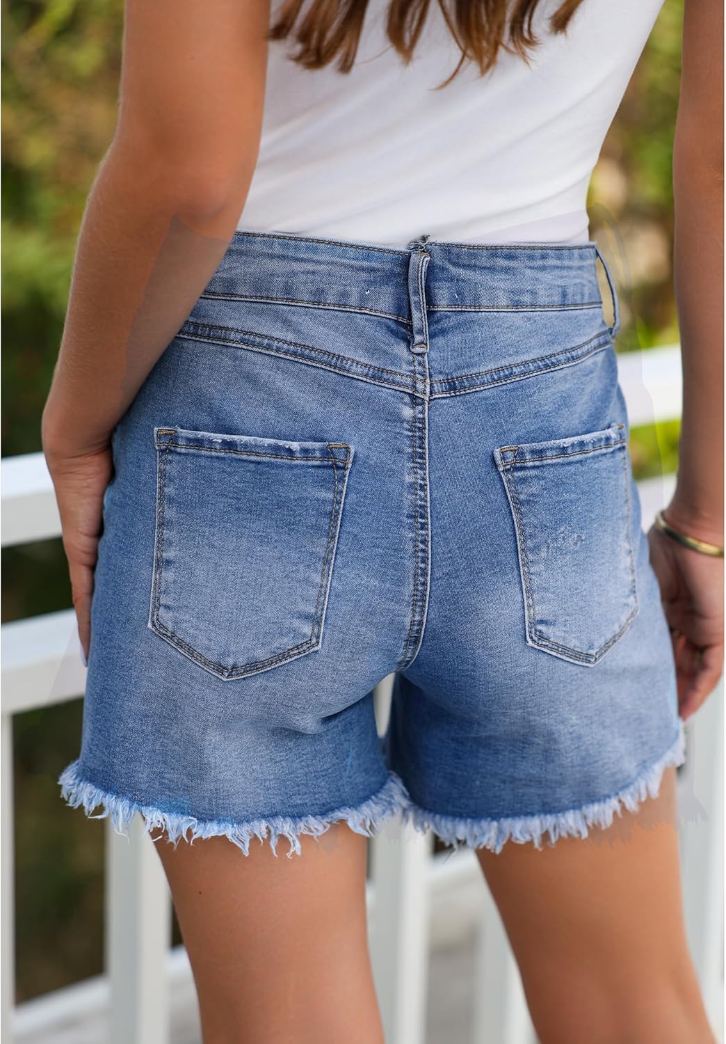luvamia Jean Shorts for Women Mid Rise Trendy Stretchy Crossover Waist Denim Shorts Raw Hem Casual Summer Pockets - Image 3