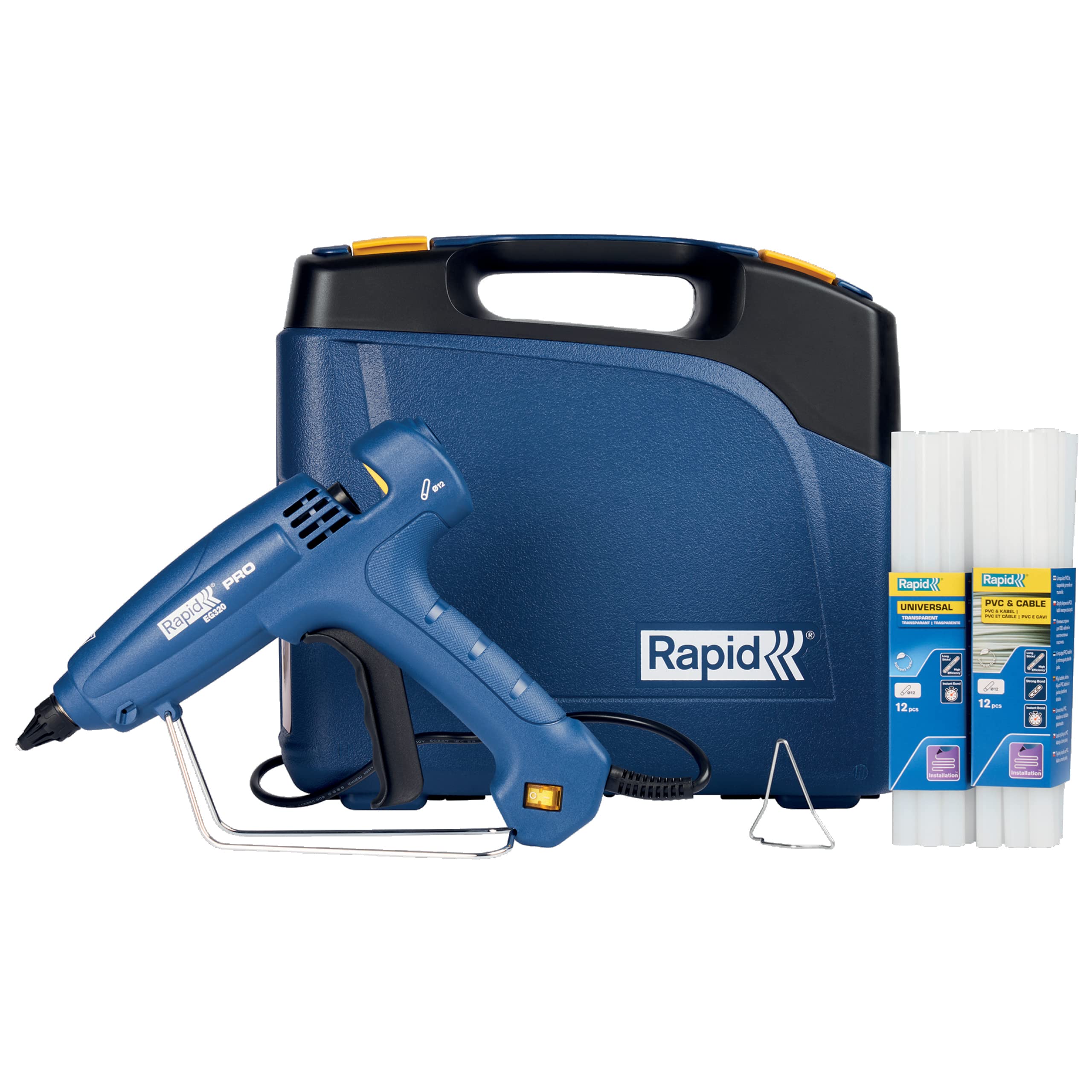 Rapid Heiβklebepistole EG320 im Koffer mit 24 Klebesticks, 12mm profesionelle Klebepistole für Montage und große Flächen, 1.000 Gramm Kleberfördermenge pro Stunde