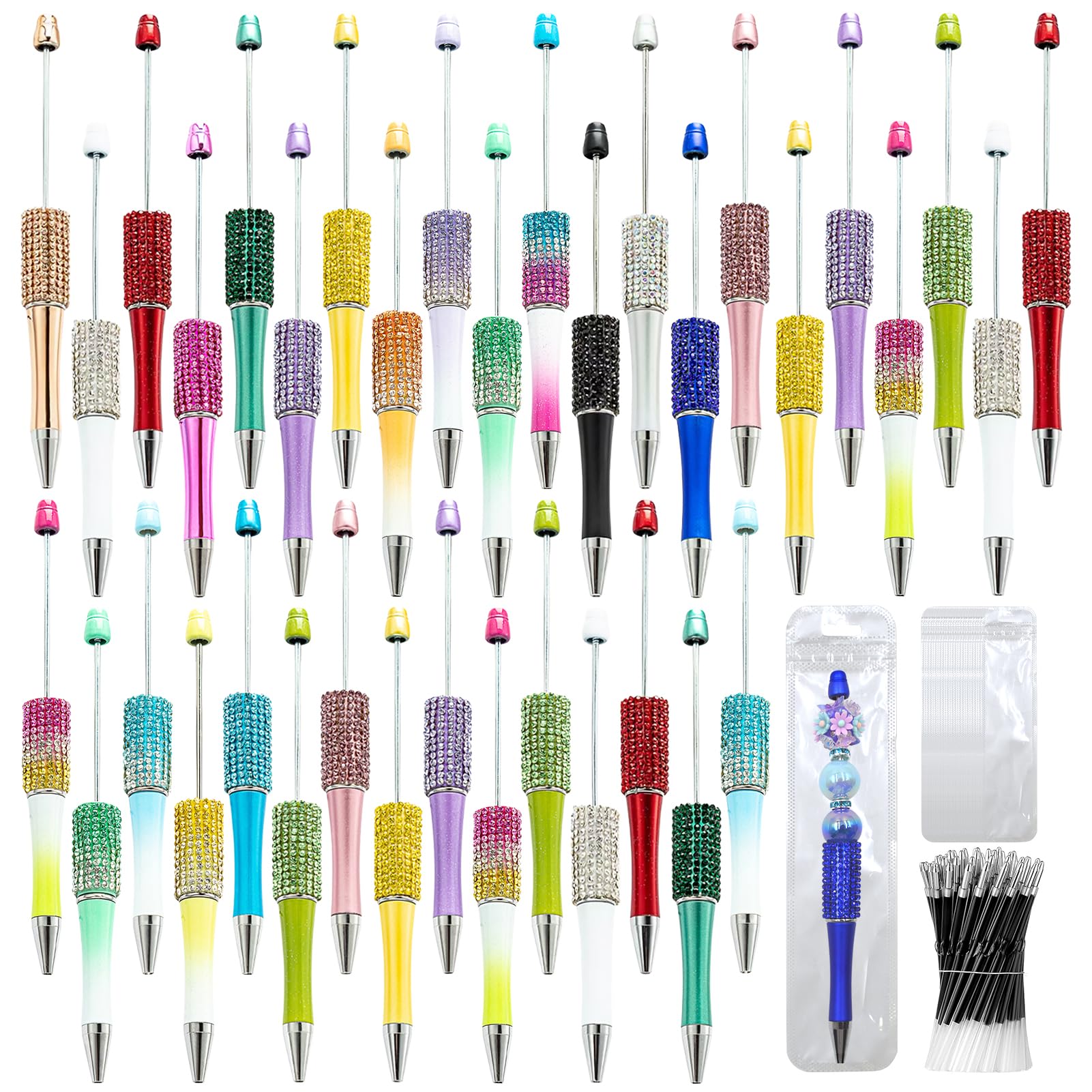 75 Pcs DIY Diamond Beadable Pen Kit - 25 Plastic Rhinestone Beaded Pens Bulk with Refills &amp; Bags - Fancy Cute Glitter Pens for Crafting, Students &amp; Teachers – School Supplies, Office Item