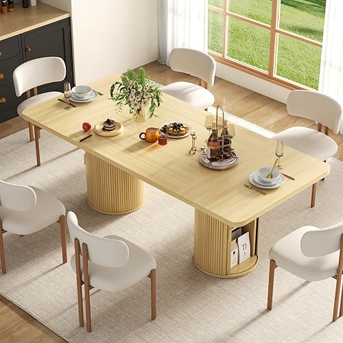 Miniatura 4 de Mesa de comedor de 79 pulgadas para 8-10 personas, mesa de cocina larga y grande con estante de almacenamiento de 2 niveles y base acanalada, mesas