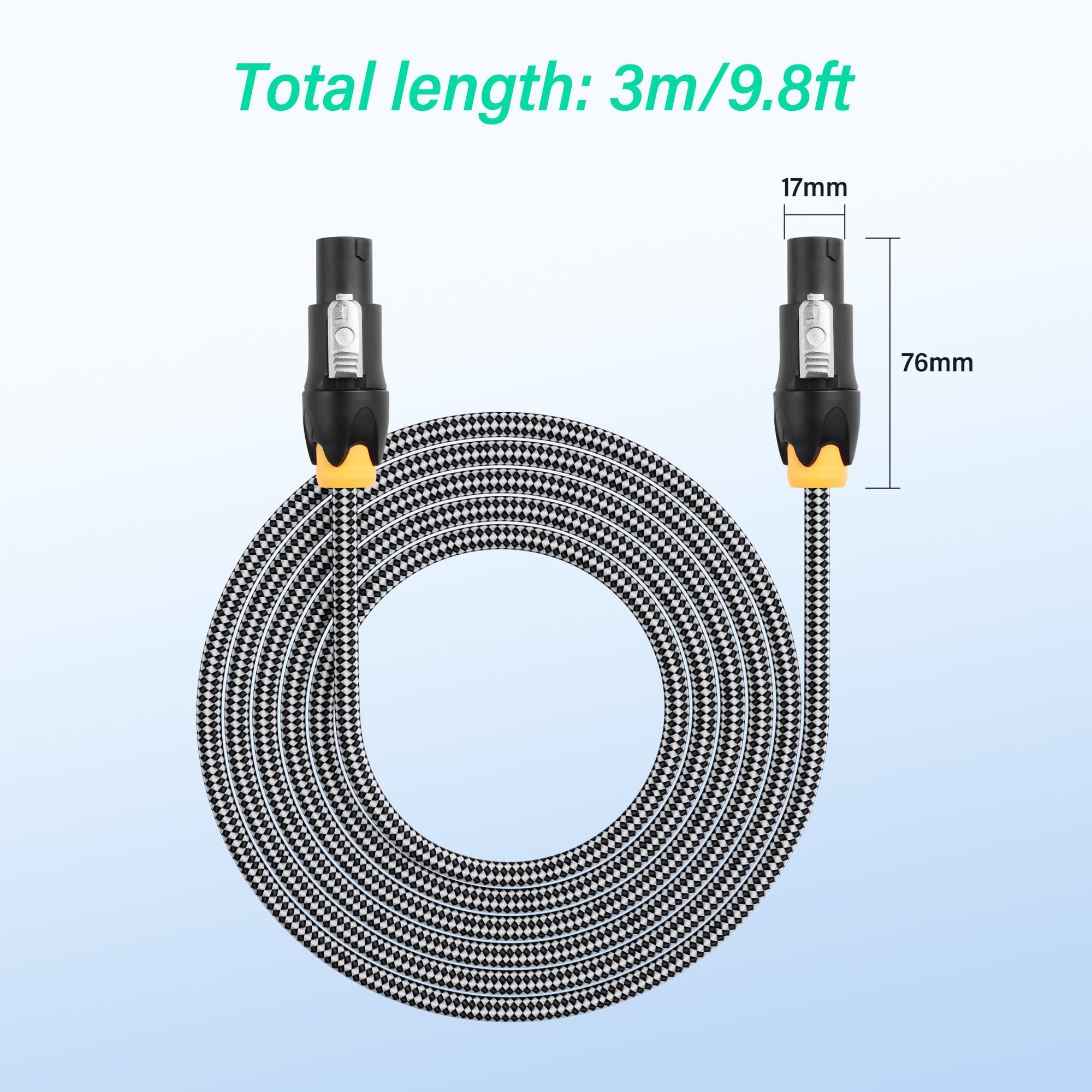 SinLoon Speakon - Cavo per altoparlante 3 m/10 FT, 14 AWG, cavo audio ad alta resistenza con treccia e connettori di bloccaggio per amplificatori
