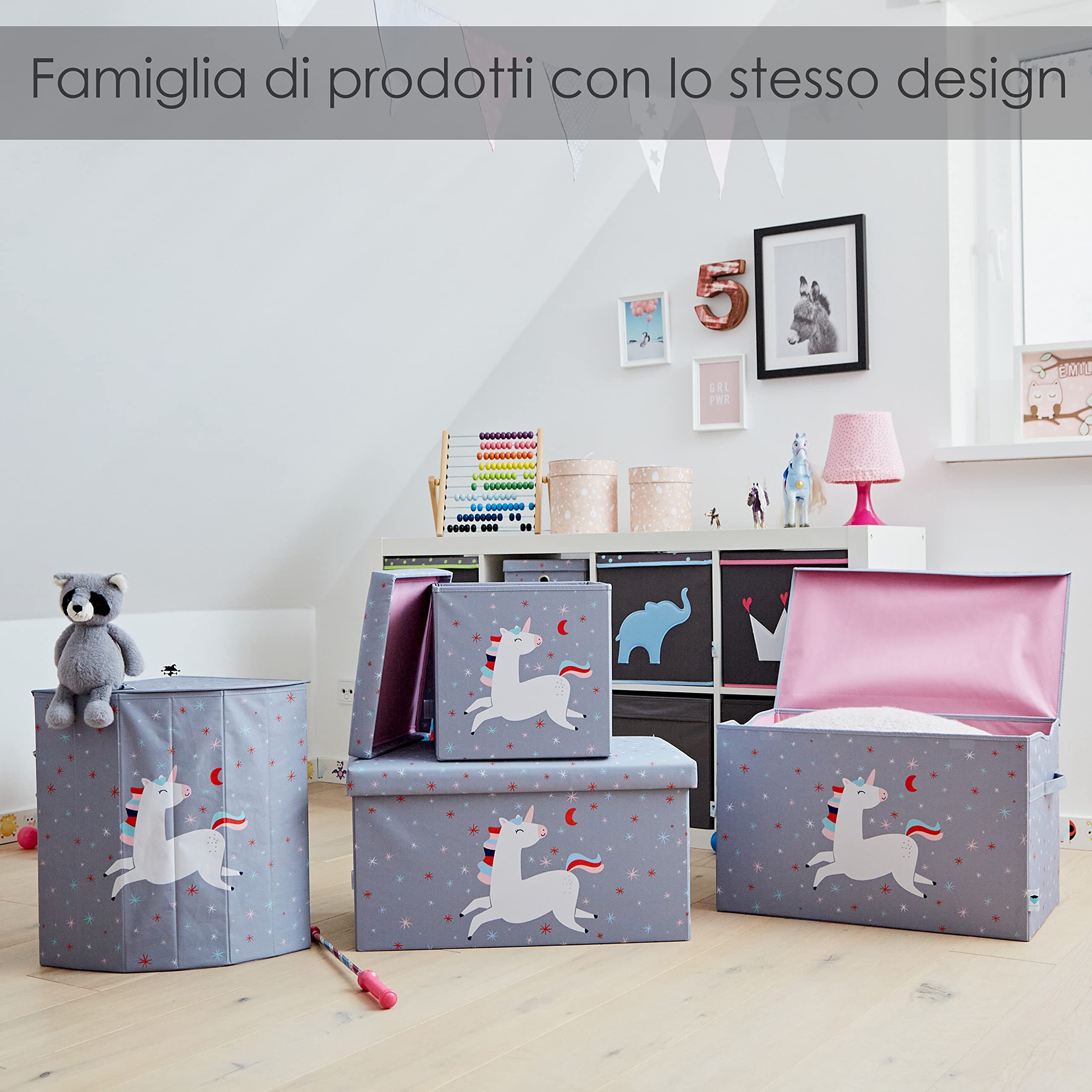 LOVE IT STORE IT - Pouf Contenitore Bambini Ultra Resistente Pieghevole Rinforzi Legno - 35x35x35cm - Fantasia Unicorno Grigio