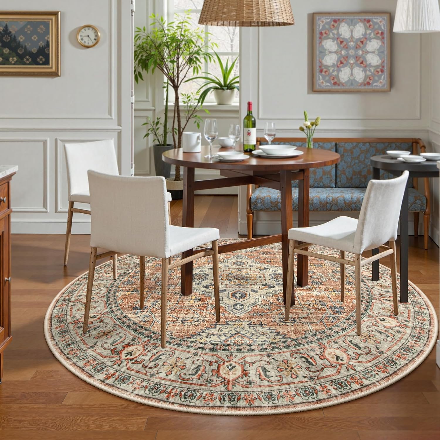 Lahome Oriental Washable Round Area Rug, Non-Slip Round Rugs 6ft Ultra-Thin, Soft Large Throw Circle Carpet for Living Room Bedroom Kitchen Nursery Eleanor, Peach/Orange