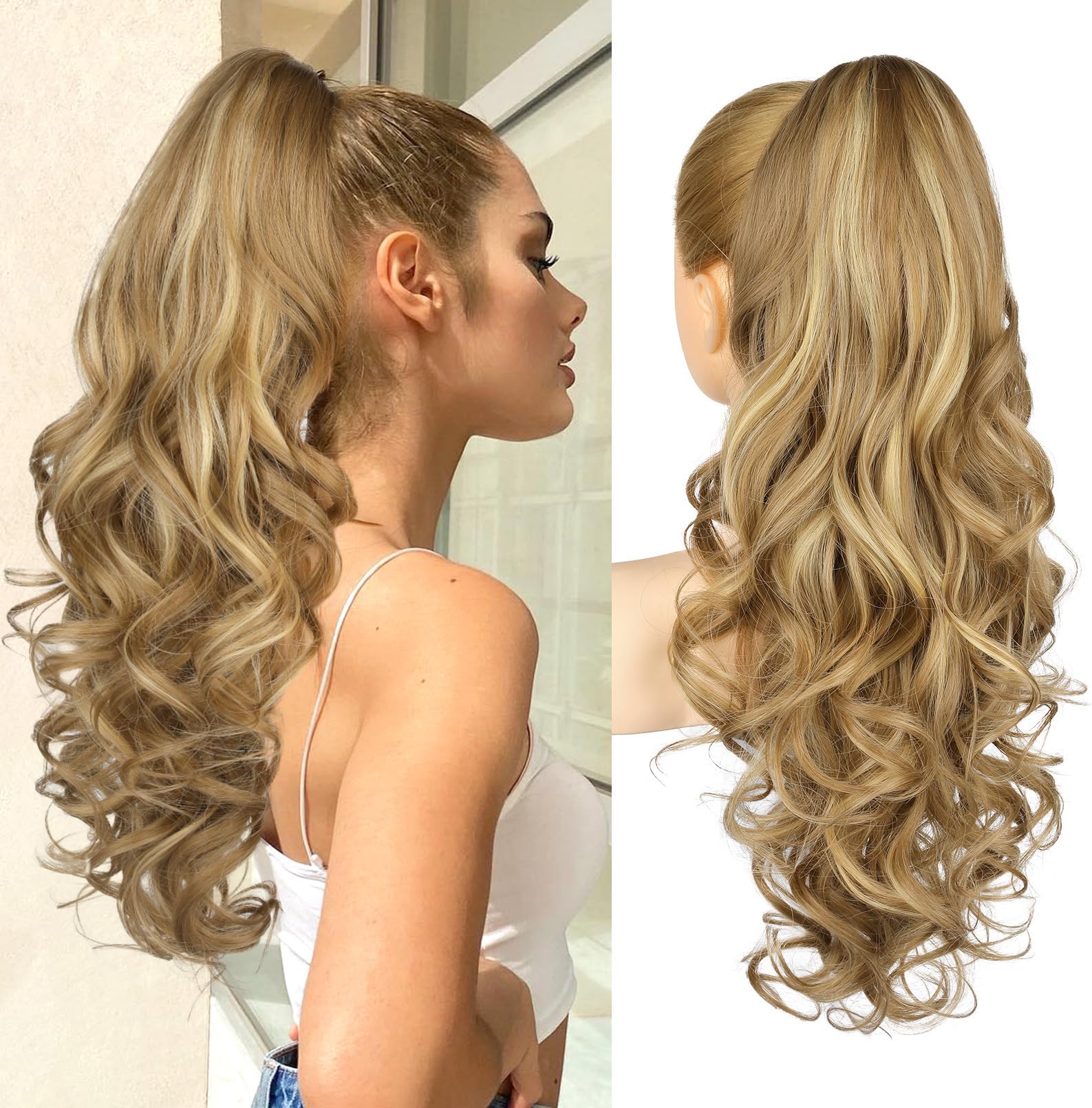 REECHO Ponytail Extension, 24" Claw Clip in Ponytail Extensions Long Curly Wavy Ponytail Hair Extension Jaw Clip on Pony Tails Hairpiece for Women - Medium Blonde with Blonde Highlights