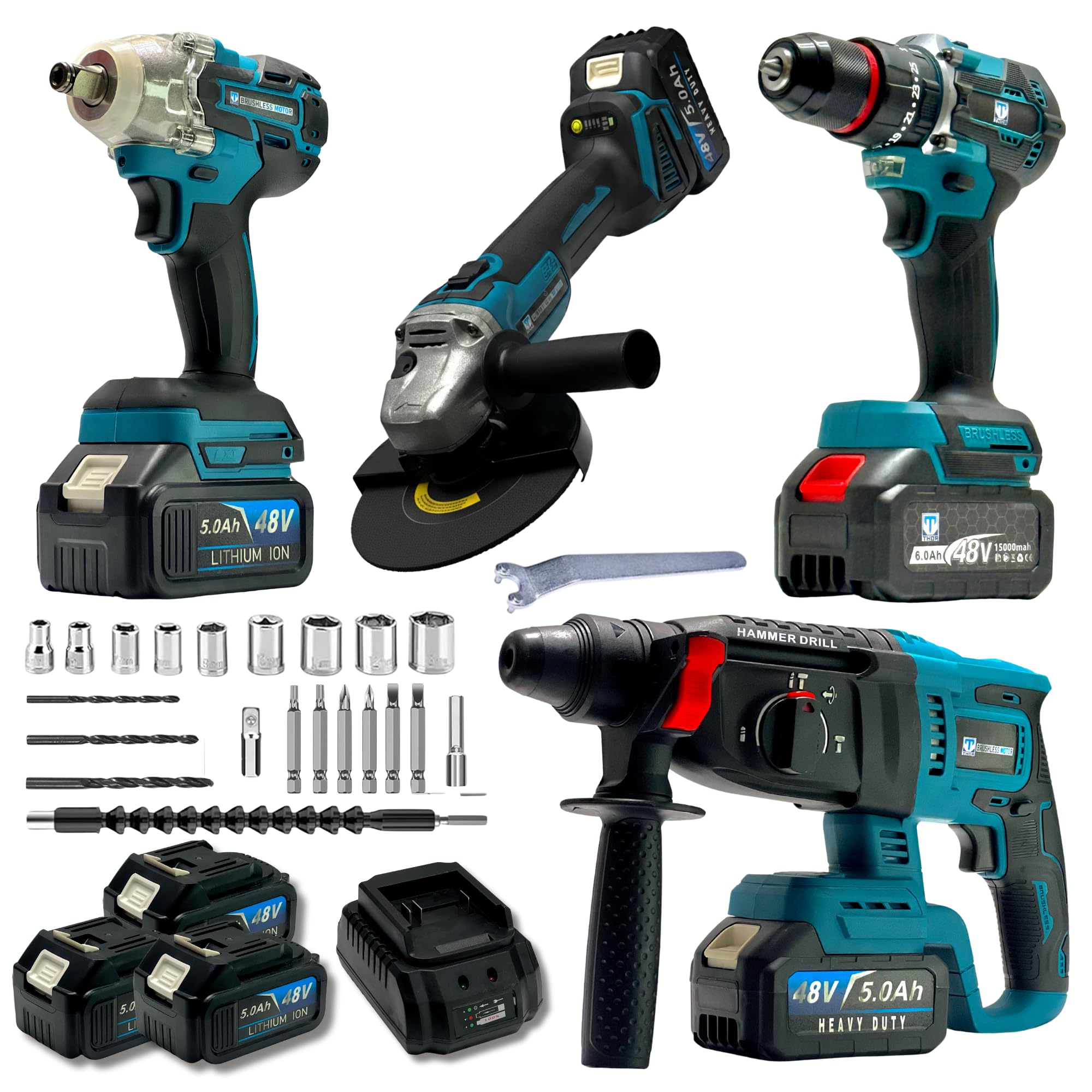 THOR 4-Tool Cordless Power Tool Combo Kit, 10mm Drill, Angle Grinder, 1/2-inch Impact Wrench, Rotary Hammer, 3x 5.0Ah Batteries, Fast Charger, Brushless Motors, BMC Box, High Quality-image-9
