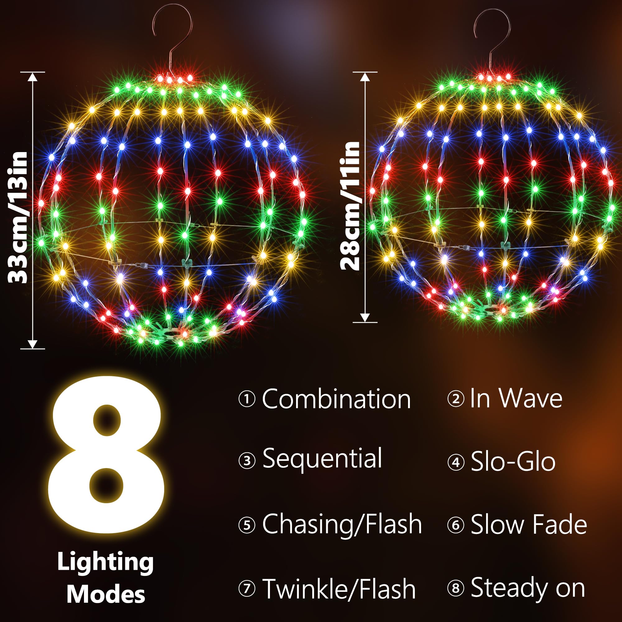 Set mit 2 hängenden Kugel-Lichtern für den Außenbereich – 2 Größen von weihnachtlichen batteriebetriebenen Gartenlaternen, wasserdichte Kugel-Lichterkette mit 8 Beleuchtungsmodi
