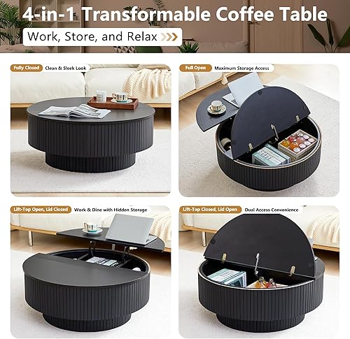 Miniatura 3 de Mesa de centro redonda de 33 pulgadas con soporte elevador y almacenamiento abatible, mesas de centro acanaladas modernas con marco de metal, mesa