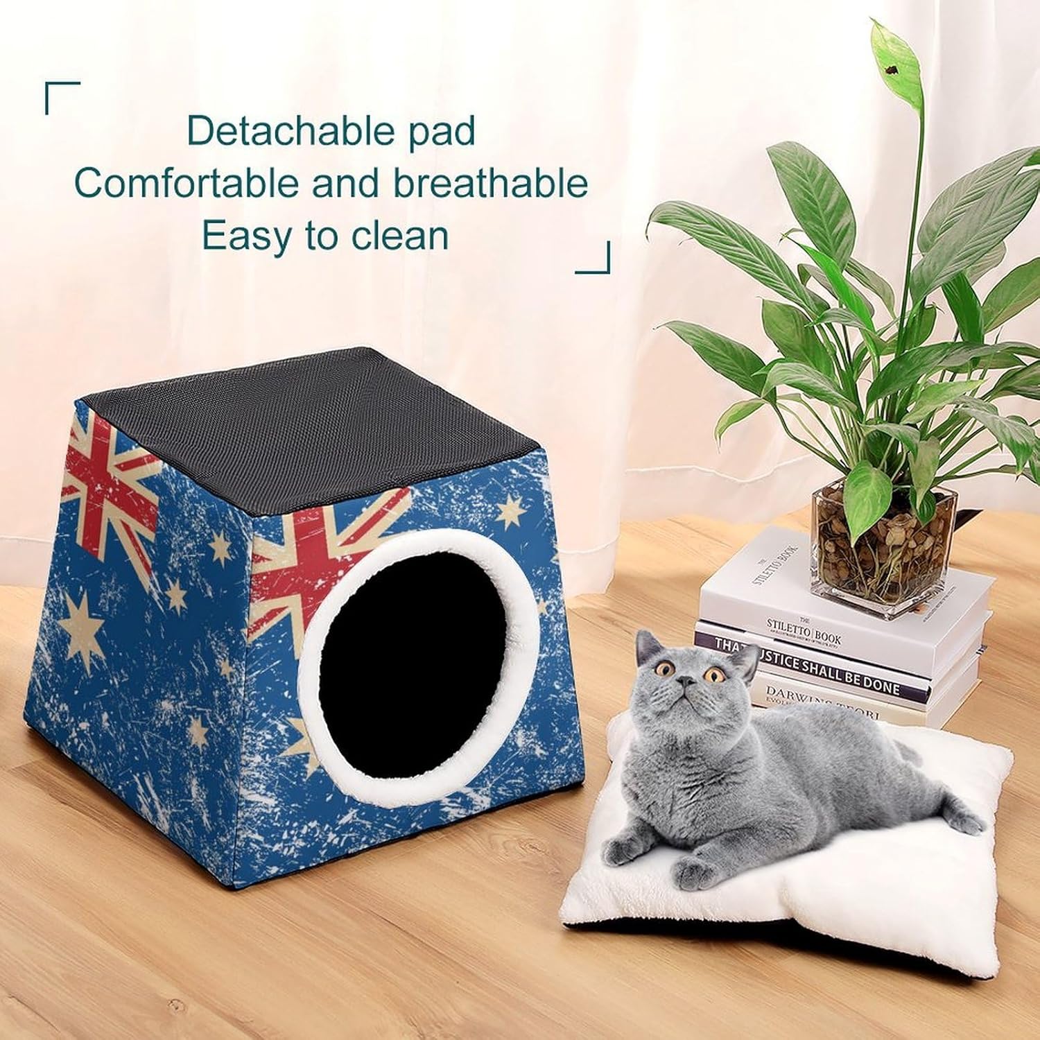 Retro Australia Flag Cat House for Indoor with Spacious Cat Nest