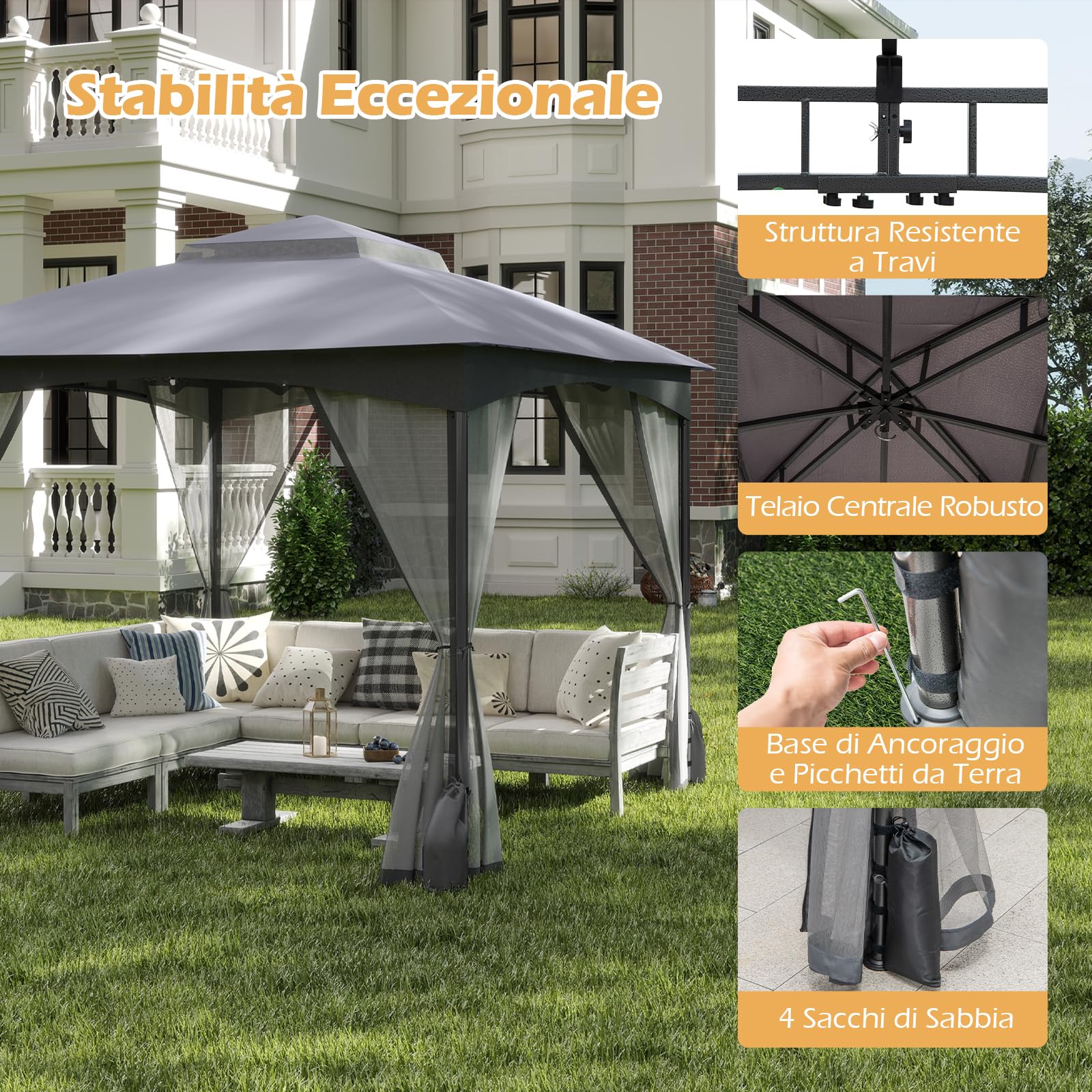 COSTWAY Gazebo da Giardino 3 x 3 m, Gazebo Impermeabile con Rete Mesh Staccabile e Terro Ventilato a Doppio Strato, Tenda Regolabile in Altezza per Feste, BBQ e Picnic (Grigio)