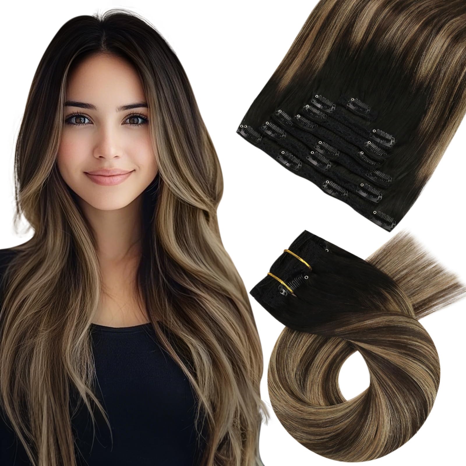 Moresoo Clip in Hair Extensions Real Human Hair Off Black Root Remy Hair Extensions Clip in Balayage Black to Dark Brown with Golden Blonde 22inch 7pcs/120G #1B/4/14