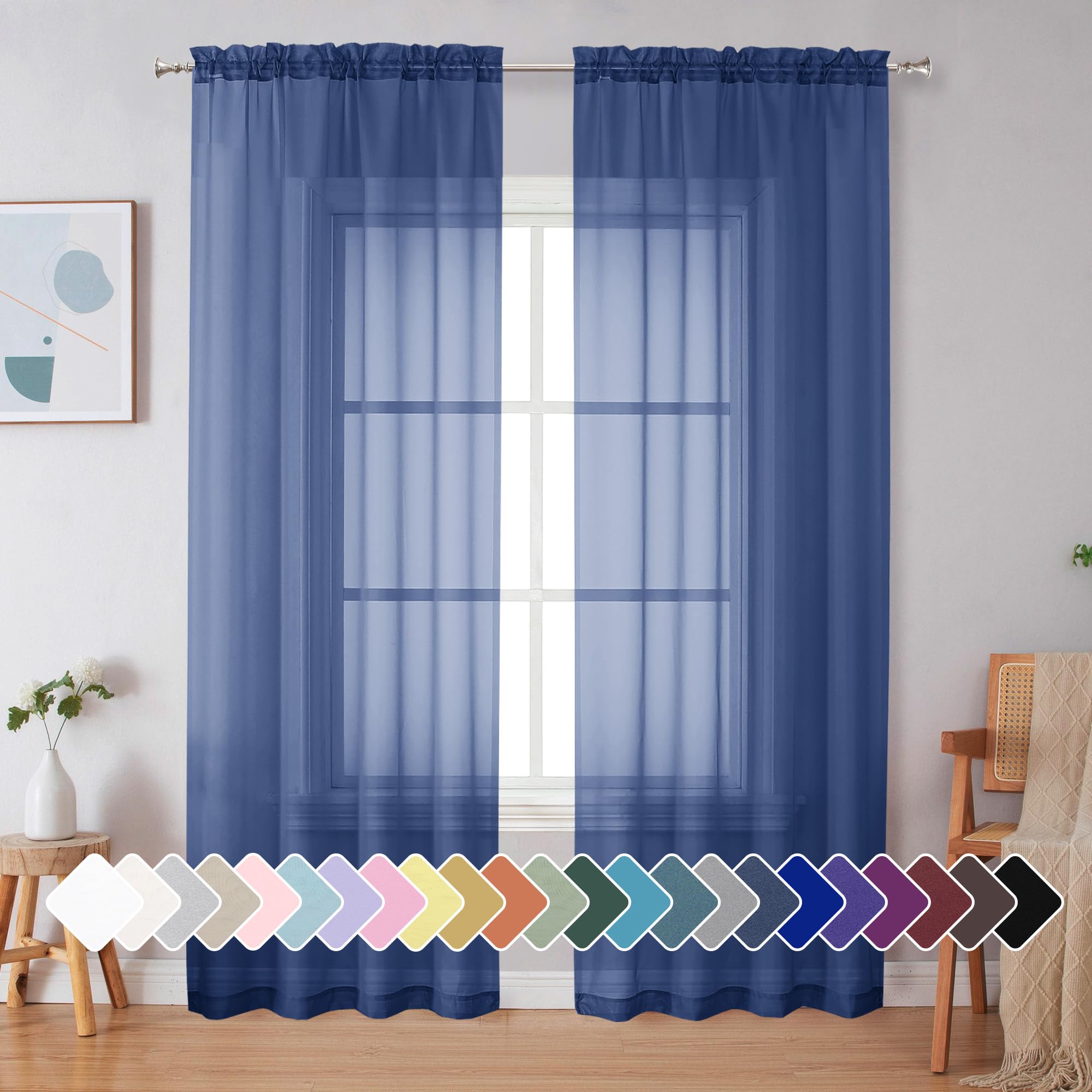 Simplebrand Royal Blue Sheer Curtains 84 Inches Long 2 Panels for Bedroom