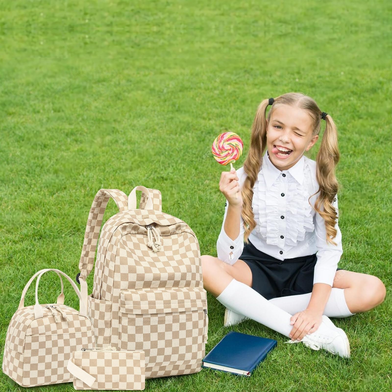 Mochila Viaje Cabina Black White Floral 3-in-1 Set Escolar Resistente Al Agua con Bolso De Almuerzo Y Estuche Lápiz para Niñas