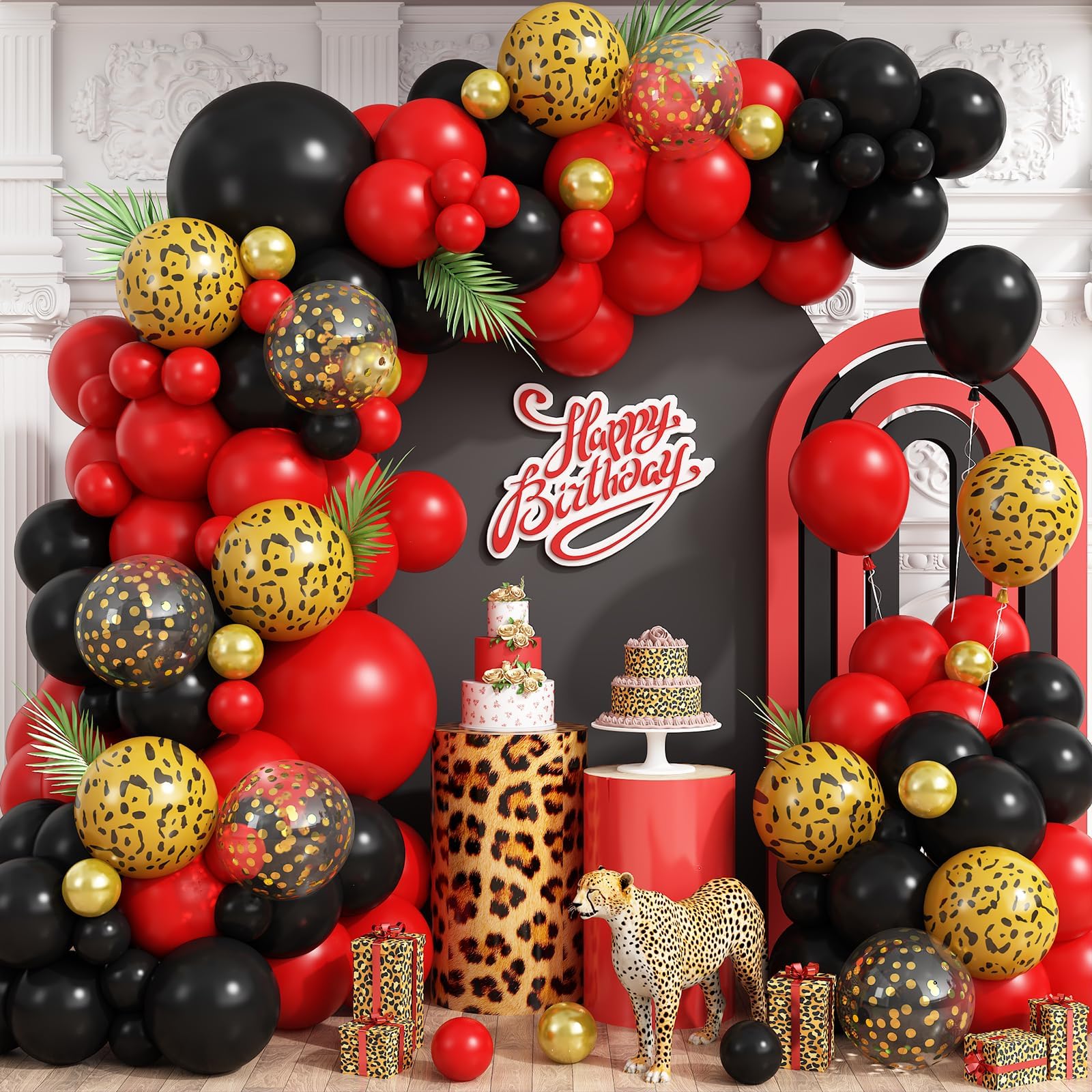 Black Red Cheetah Print Balloon Arch Kit, Black Red Balloons Garland with 4D Foil Leopard Balloon for Safari Jungle Wild Cheetah Print Birthday Bridal Shower Party Decorations