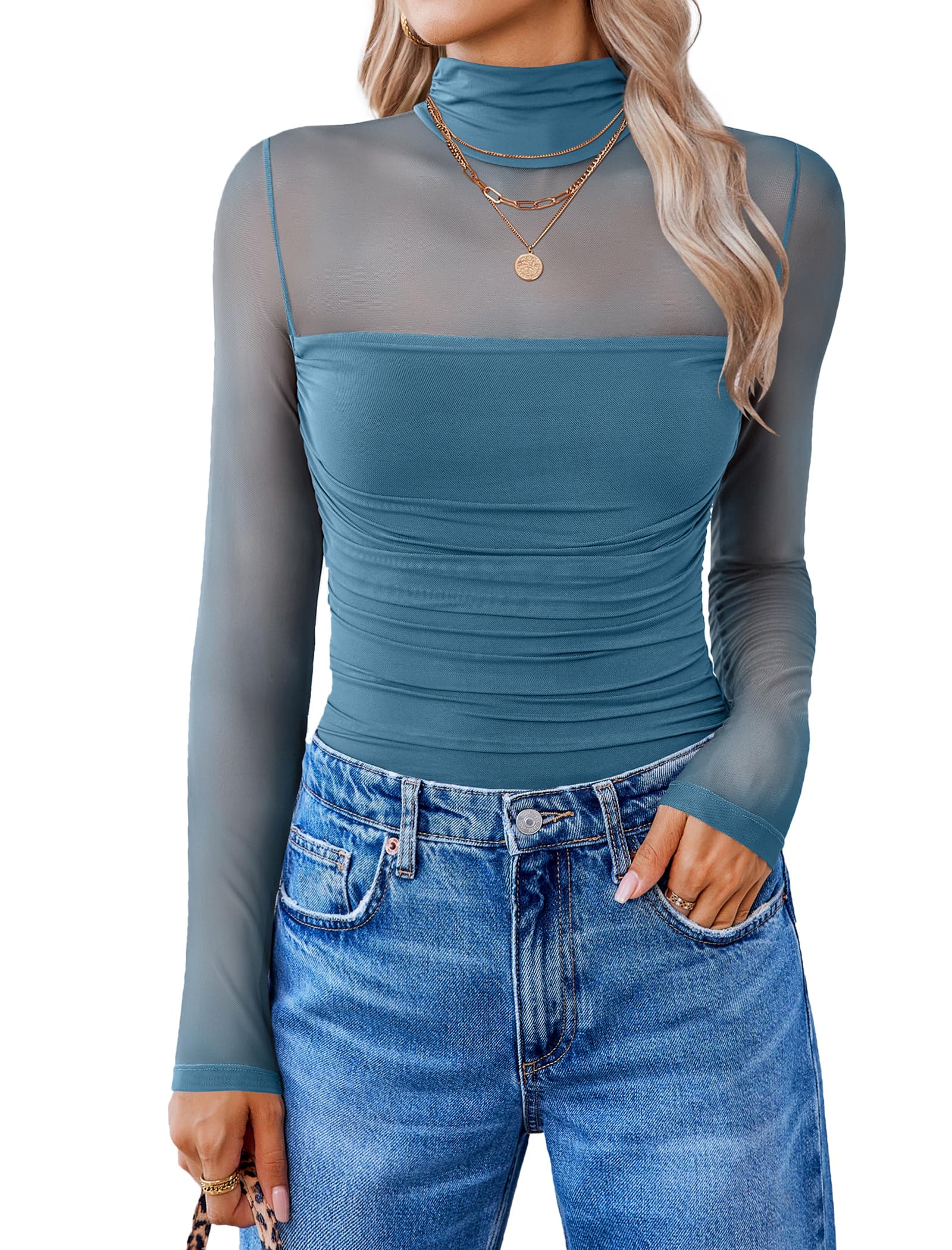 Avidlove Women Long Sleeve Bodysuit Turtle Neck Shapewear Body Suit Mesh One Piece Leotard Shirt Going Out Tops Fall Outfits