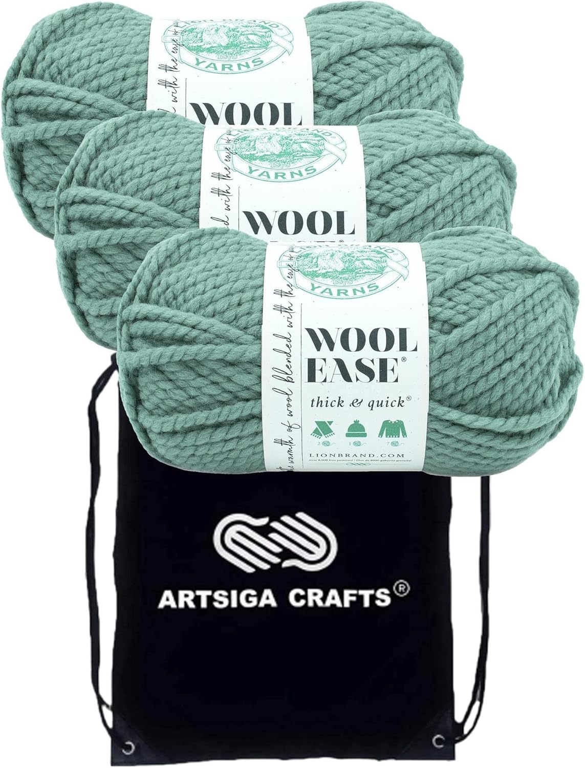 Lion Brand Knitting Yarn Wool-Ease Thick and Quick Succulent 3-Skein Factory Pack (Same Dye Lot) 640-116 with Knitting Project Bag