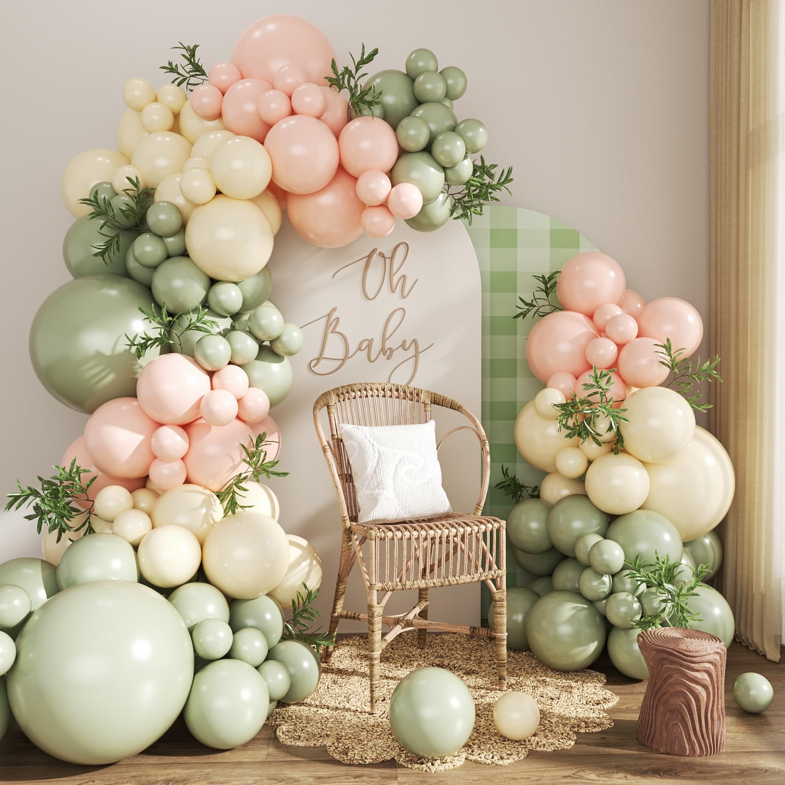 Photo 1 of *** CHECK COMMENTS** Pink and Green Balloon Arch Kit 124Pcs Sage Green Peach Ivory White Balloons Different Size for Baby Shower Wedding Bridal Shower Birthday Gender Reveal Party Decorations