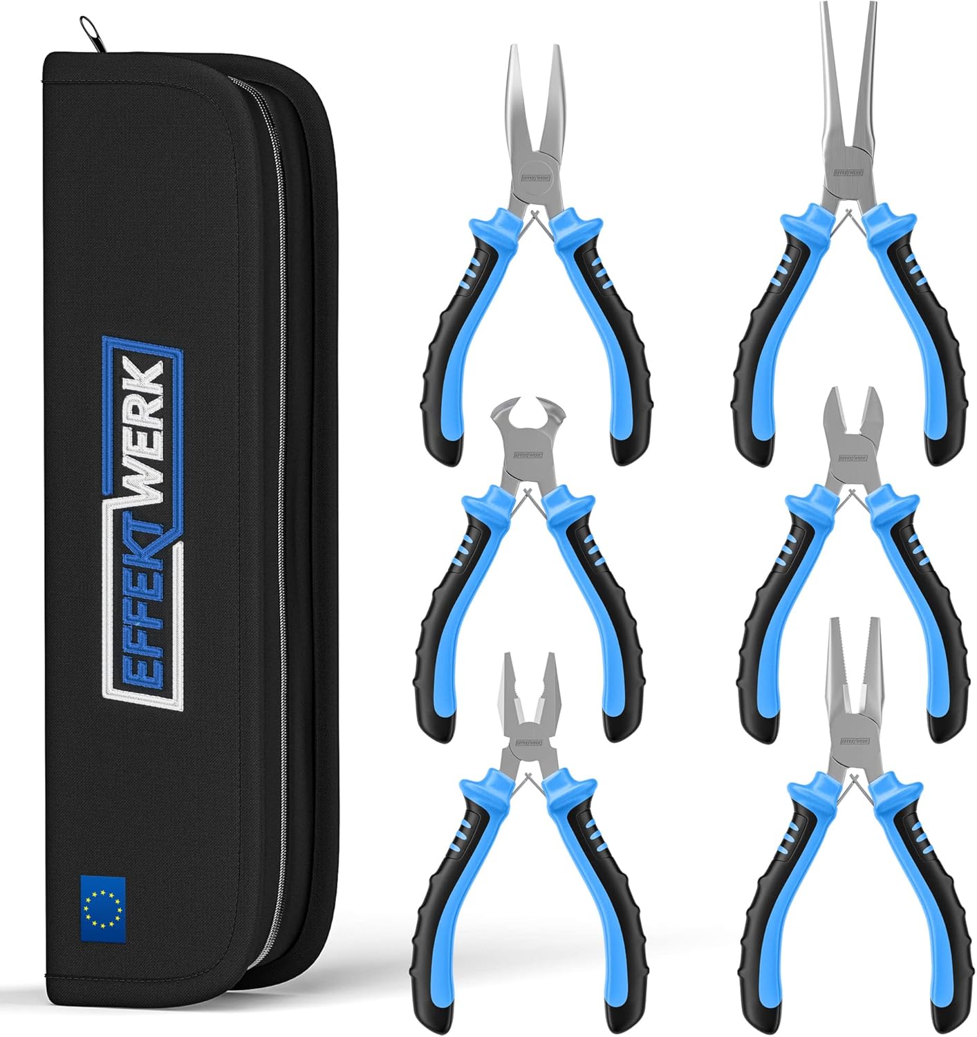 E•Werk - 6-Pc Mini Pliers Set - Linesman, Long Nose, Needle Nose, Bent Nose, Diagonal Cutting & Wire Cutters - Electrician Tool Kit w/Small Pouch - Use for Jewelry Craft & Electronic Repairs